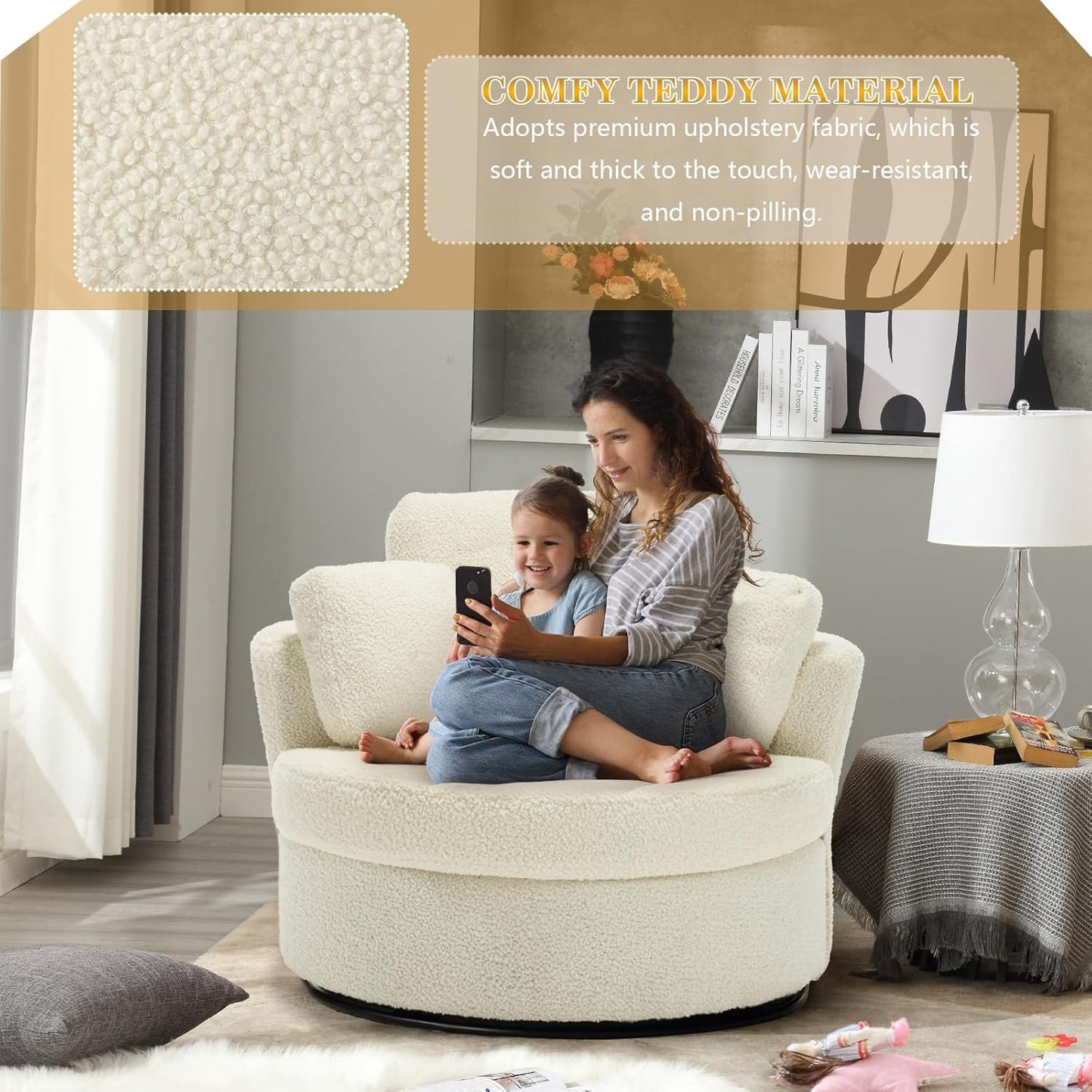 Swivel Barrel Chair Set of 2, Modern Fabric Oversized 360 Degree Club Accent Arm Chairs, Single Round Living Room Sofa Chair w/ 3 Pillows for Nursery, Bedroom, Reading, Office, Ivory
