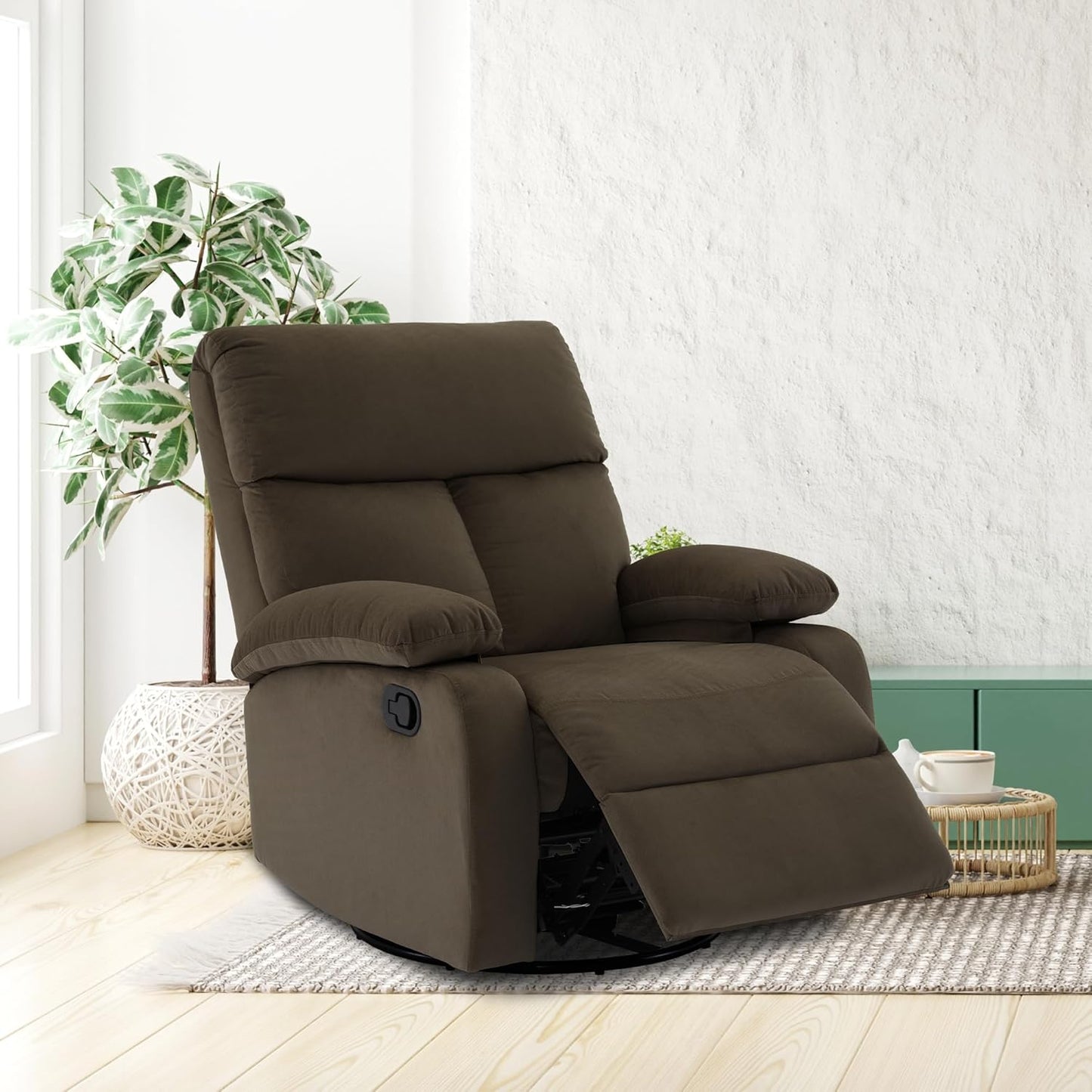 Swivel Rocker - Small Recliner for Small Spaces with Overstuffed Arms and Back, Manual Swivel Recliner Chair with Ultra-Soft Velvet for Living Room, Nursery, Bedroom, Dark Gray