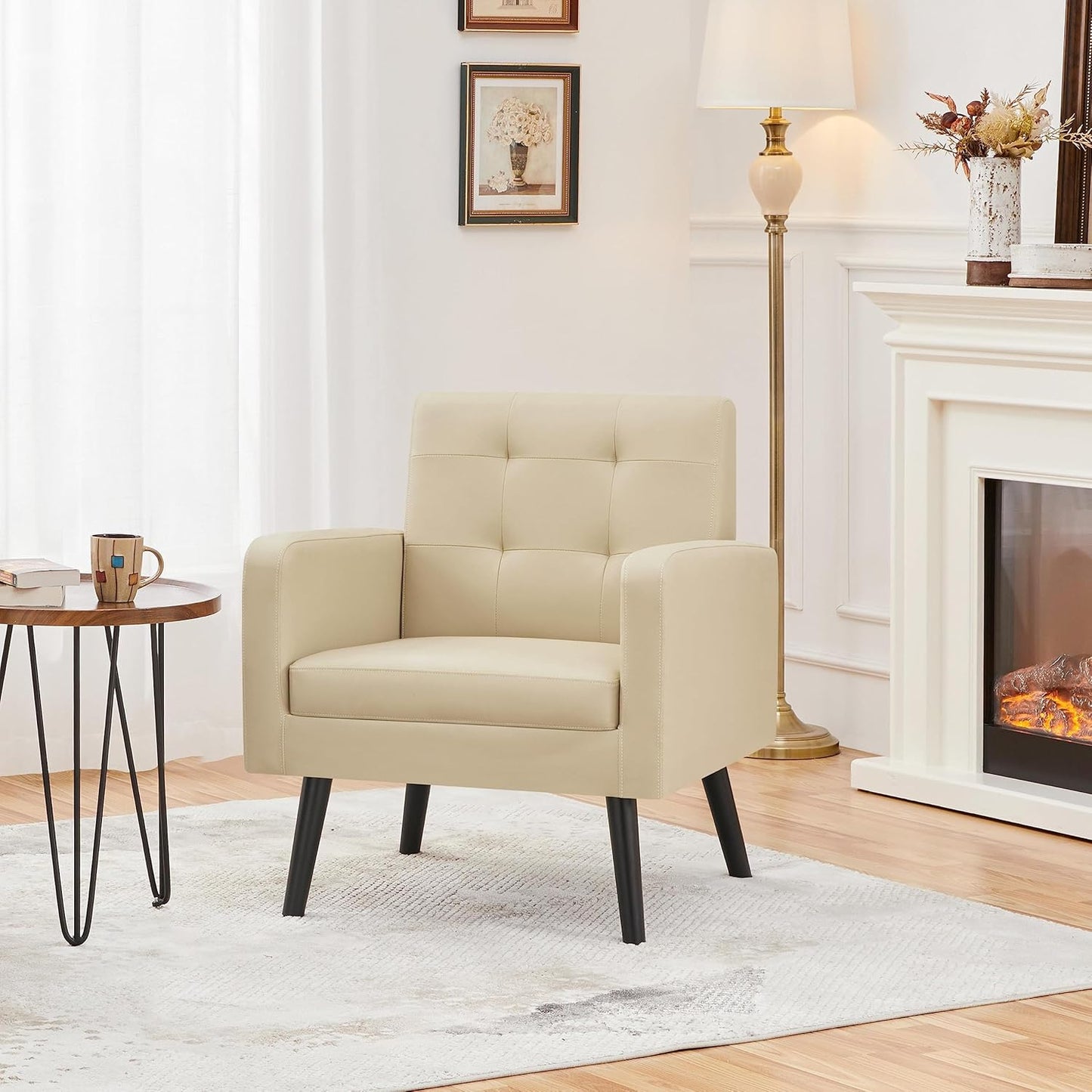 Topeakmart Mid Century Accent Chair, Modern and Cozy PU Leather Barrel Sofa Chair with Thick Cushion and Sturdy Wood Legs for Living Room/Bed Room/Office Waiting Area Beige 2PCS