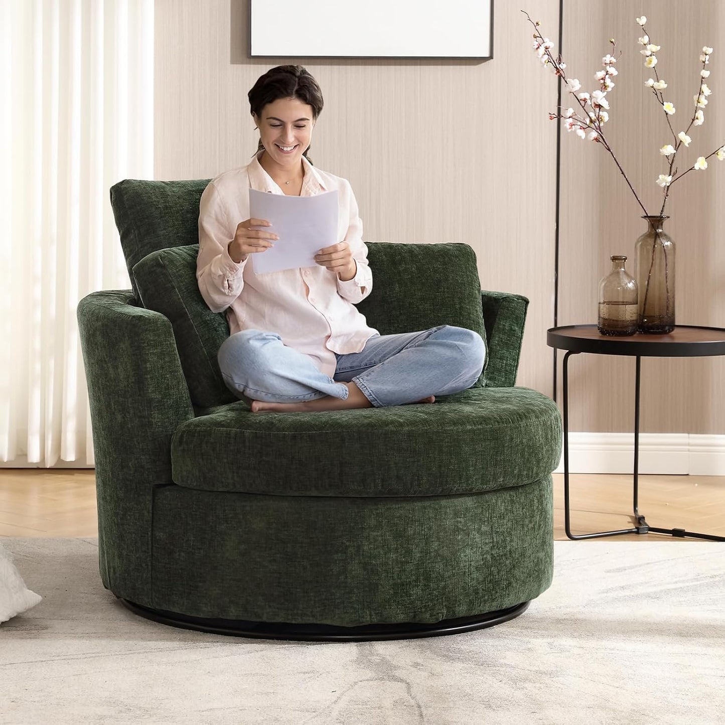 40" W Modern Grey Swivel Barrel Chair with 360° Round Metal Base & Plush Corduroy Pillows & Thick Cushion, Comfy Large Accent Chaise Longue for Living Room, Bedroom Club Reading Armchair (Gray)