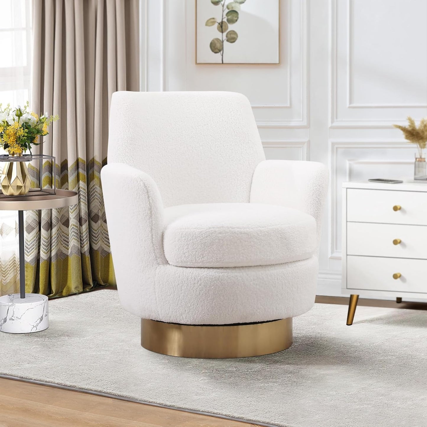 Swivel Barrel Chair Set of 2, Linen Modern Swivel Accent Chairs Armchair with Gold Stainless Steel Base, Reading Chair for Bedroom Comfy Round Barrel Chair for Living Room, Beige