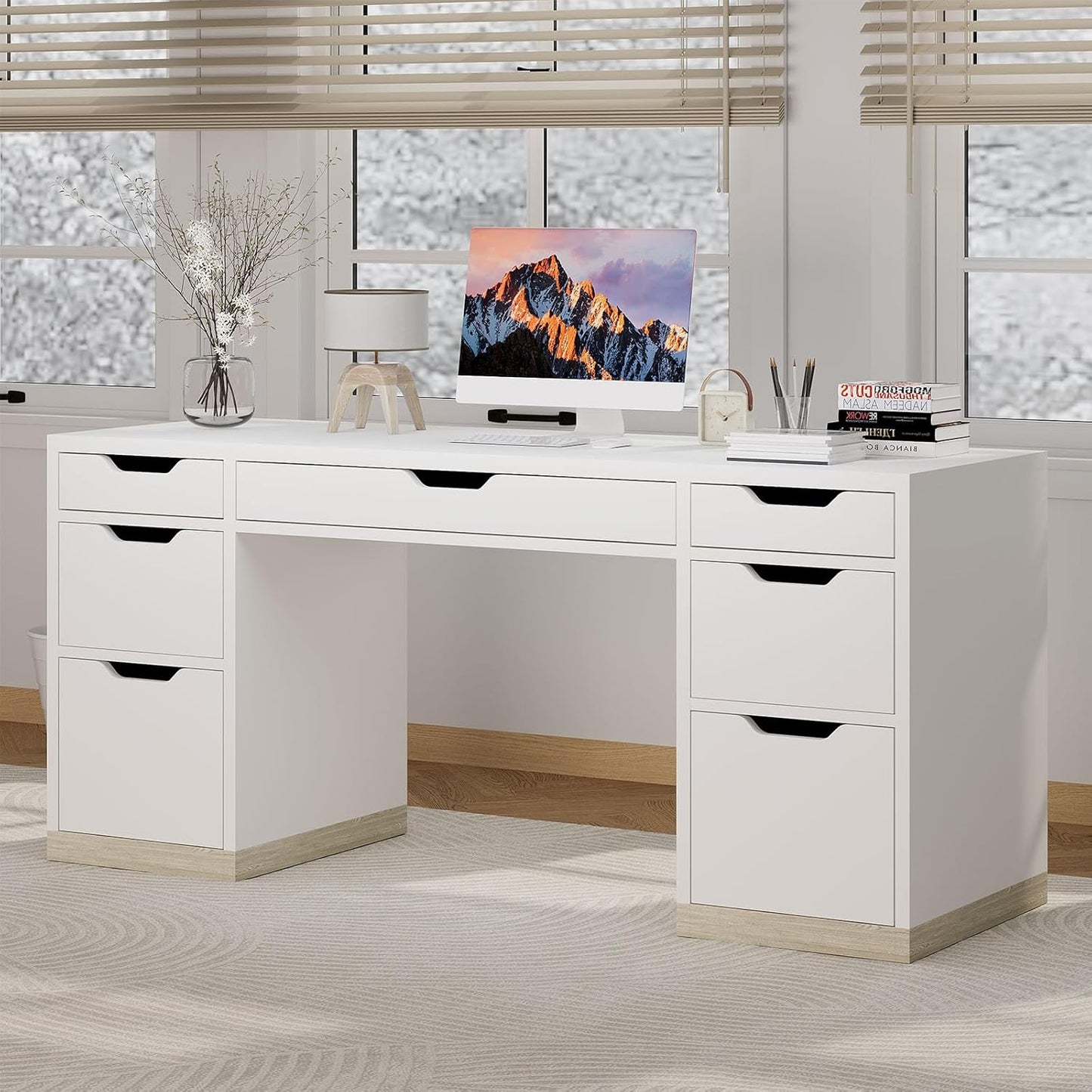 54 Inch Computer Desk with Storage Drawers, Executive Desk with 7 Drawers for Bedroom, Office Desk with File Cabinet for Work Study Writing, Small Spaces, White and Walnut