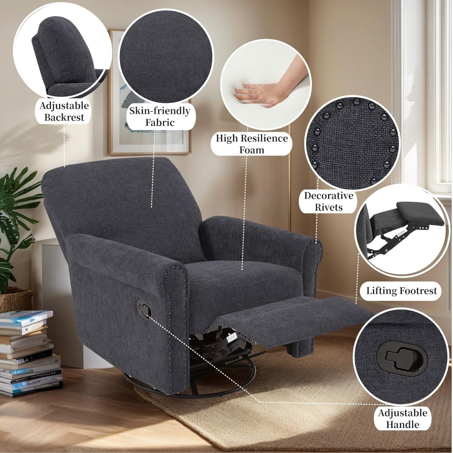 Accent Chairs 360° Recliner Chair Swivel Rocker Chair for Adults, Nursery Swivel Chairs for Living Room, High Back Upholstered Deep Seat Lazy Boy Recliner Chairs (Polyester Fabric- Dark Gray-1PCS)