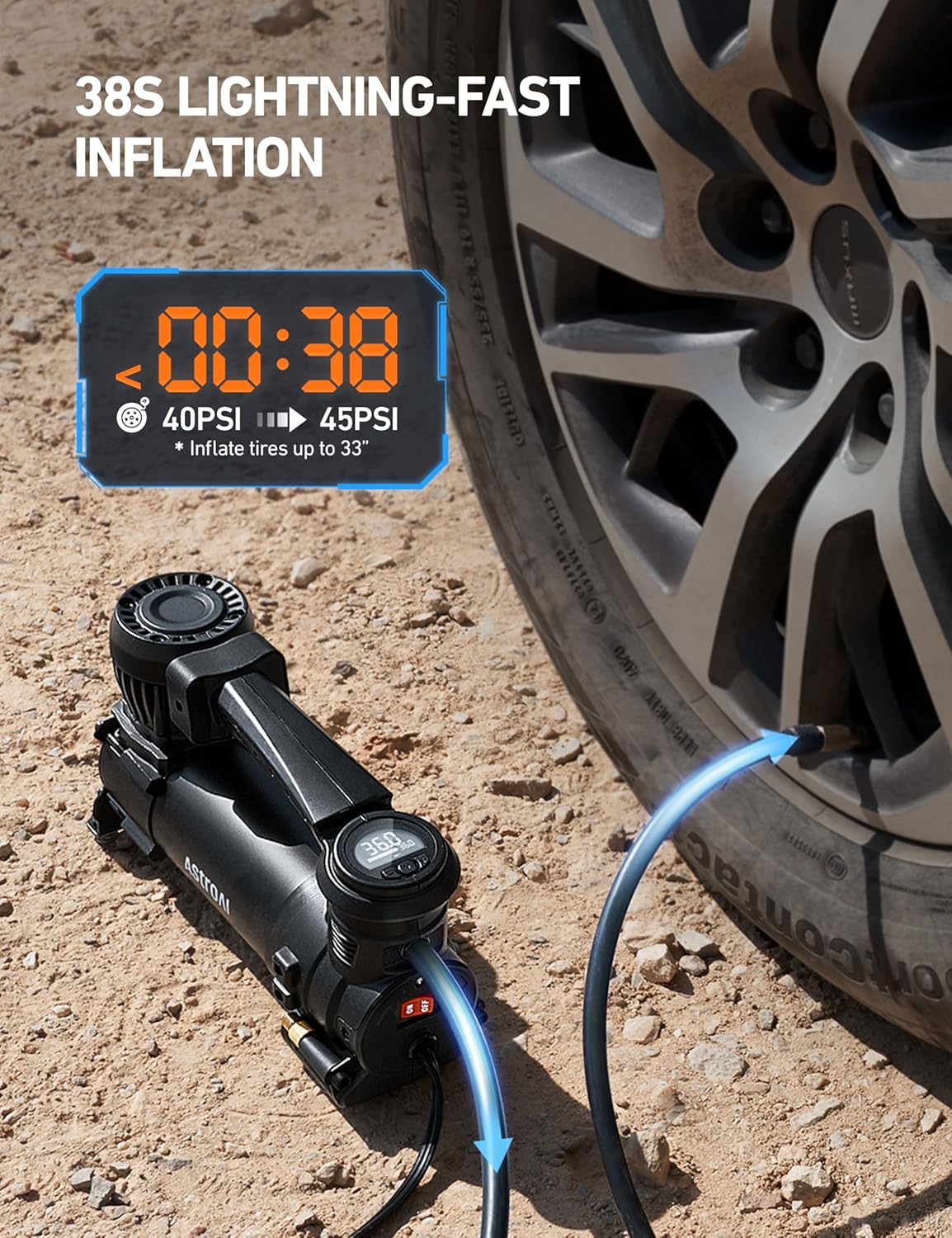AstroAI T4 Heavy-Duty Air Compressor Auto Shutoff 12V Portable Air Pump with 1.97CFM, 120PSI Digital Car Tire Inflator with Alligator Clips, LED Light for Pickup, Truck, SUV RV for Up to 33 Inch Tires