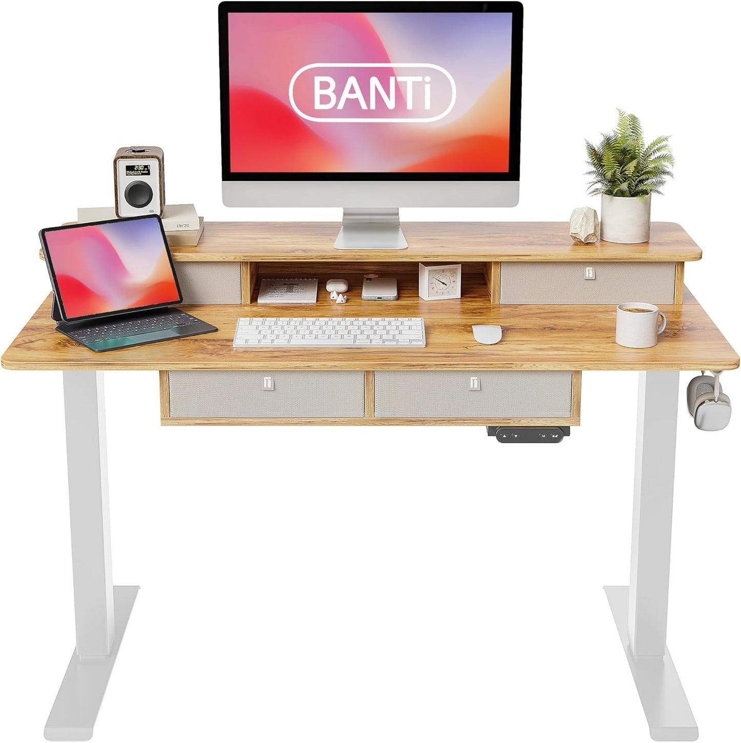 BANTI Height Adjustable Electric Standing Desk with 4 Drawers, 48 x 24 Inch Table with Storage Shelf, Sit Stand Desk, Black Top