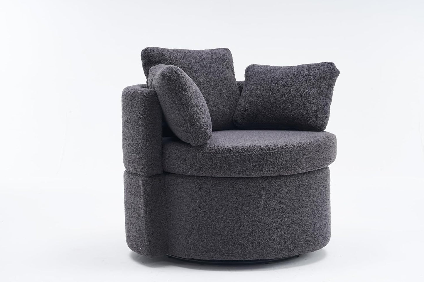 Swivel Accent Chair 360° Barrel Armchair with Storage, Modern Living Room Chair Upholstered Round Club Chair with Back Cushion, Teddy Fabric Comfy Chair for Bedroom Reading Room, Dark Grey