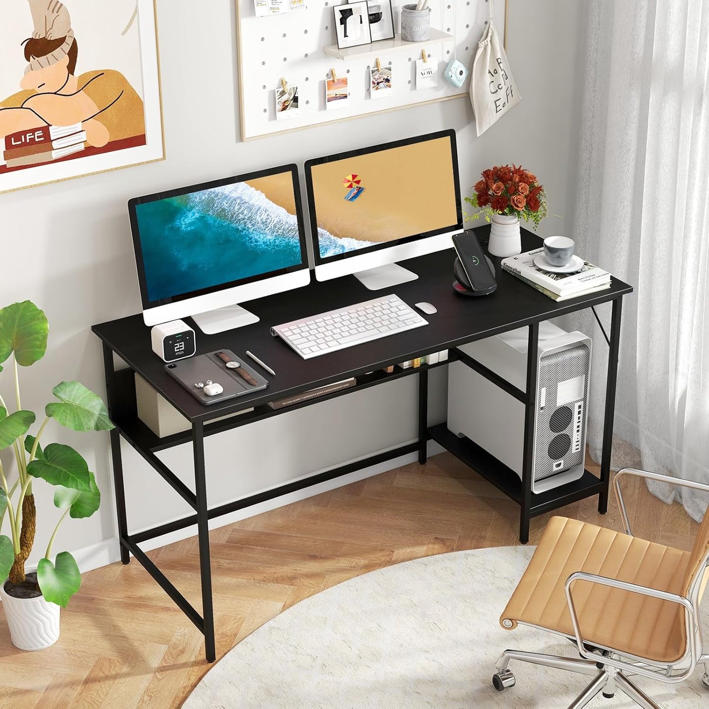 Tangkula 55 Inch Computer Desk with Power Outlets & USB Ports, Home Office Desk with Built in Charging Station with Switch, Computer Workstation Writing Study Desk with Storage Shelf & CPU Stand
