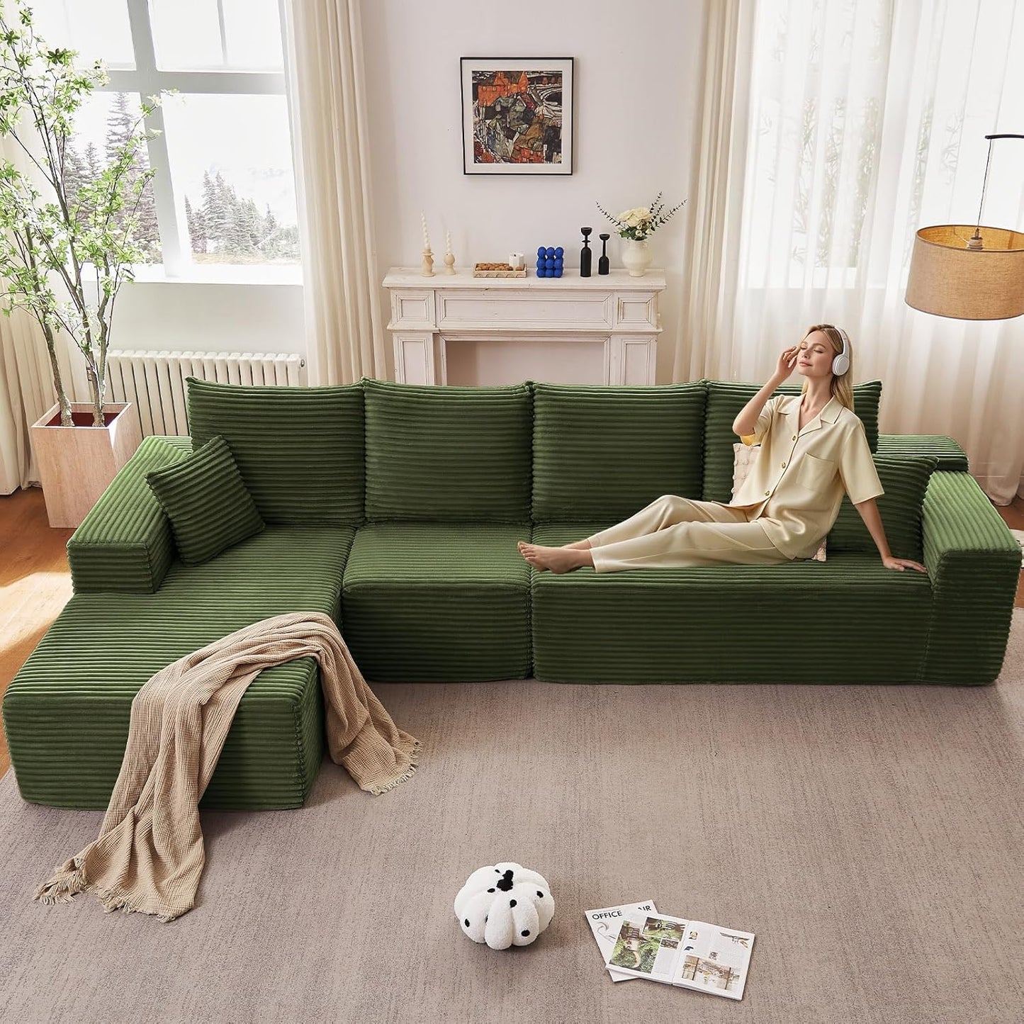 107" Modular Sectional Couches for Living Room, Comfy Boneless L Shaped Cloud Couch with Chaise Lounge, Modern Cozy Corduroy Deep Seat Floor Sofa, Memory Foam, No Assembly Required, Black