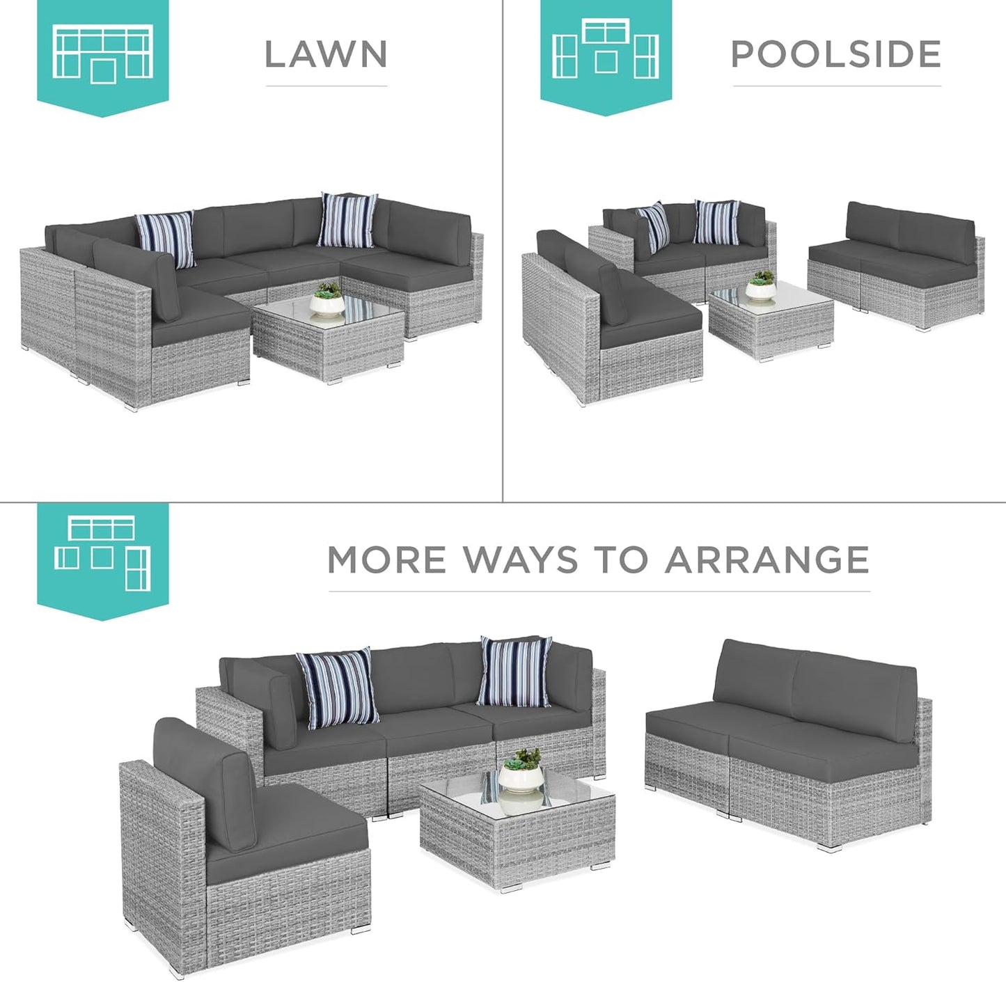 Best Choice Products 7-Piece Modular Outdoor Sectional Wicker Patio Conversation Set w/ 2 Pillows, Coffee Table, Cover Included - Gray/Gray