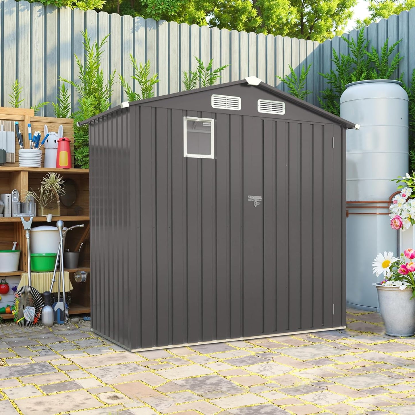 5X3 FT Outdoor Metal Storage Shed, Tool Shed with Peaked Roof and Lockable Door, Compact Garden Shed for Backyard Garden Patio Lawn, Gray