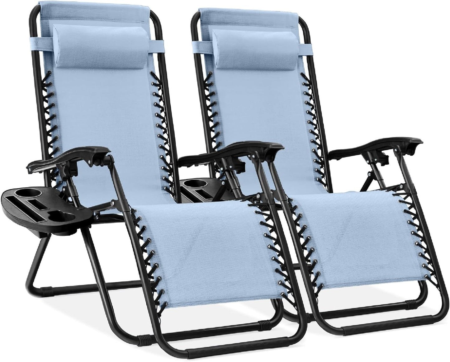 Best Choice Products Set of 2 Adjustable Steel Mesh Zero Gravity Lounge Chair Recliners w/Pillows and Cup Holder Trays - Black