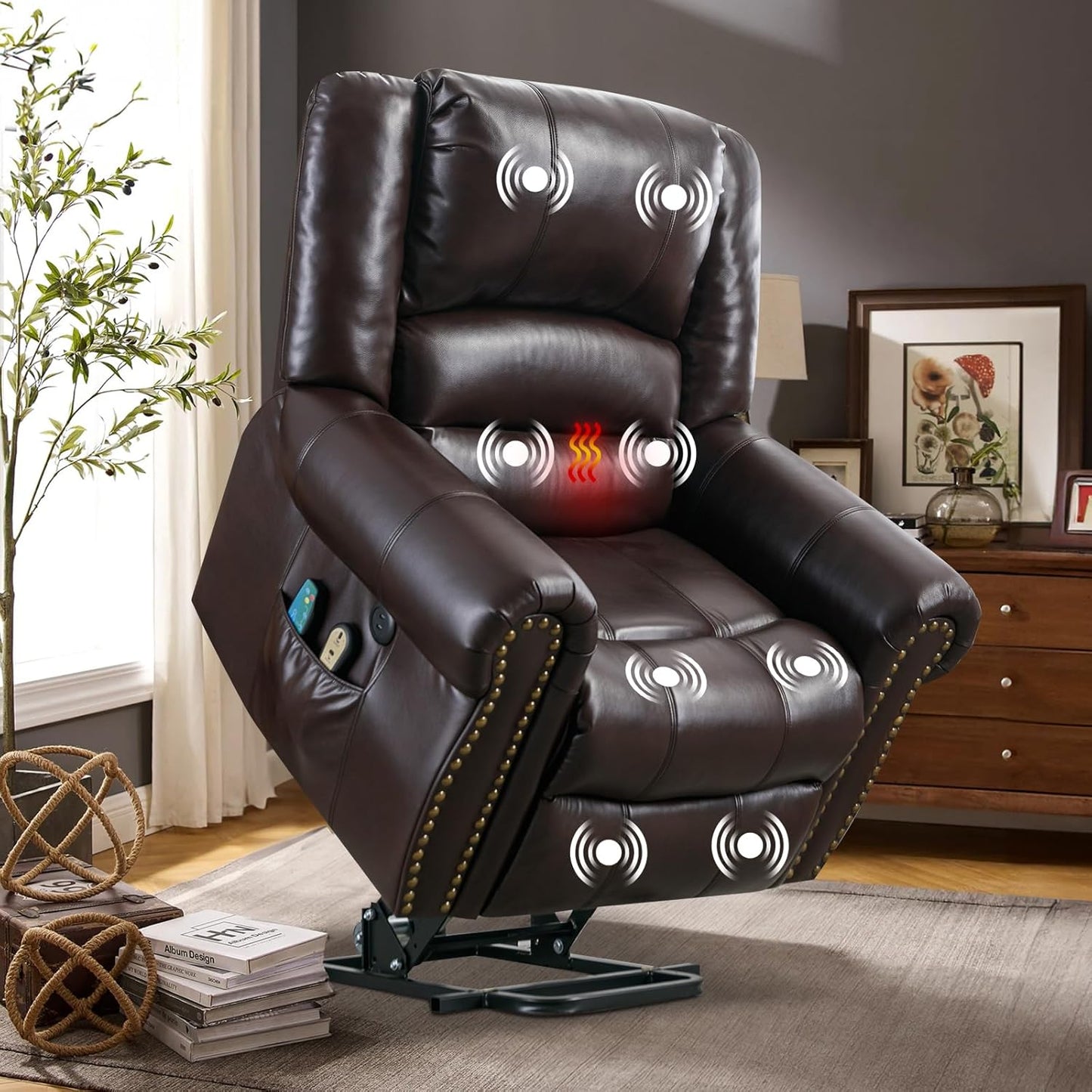 VIVIJASON Electric Power Lift Recliner Chair for Elderly, Heated Vibration Recliners Chair Massage Lounge Single Sofa Living Room Chair with 2 Remote Controls, Side Packets & USB Port, Nut Brown