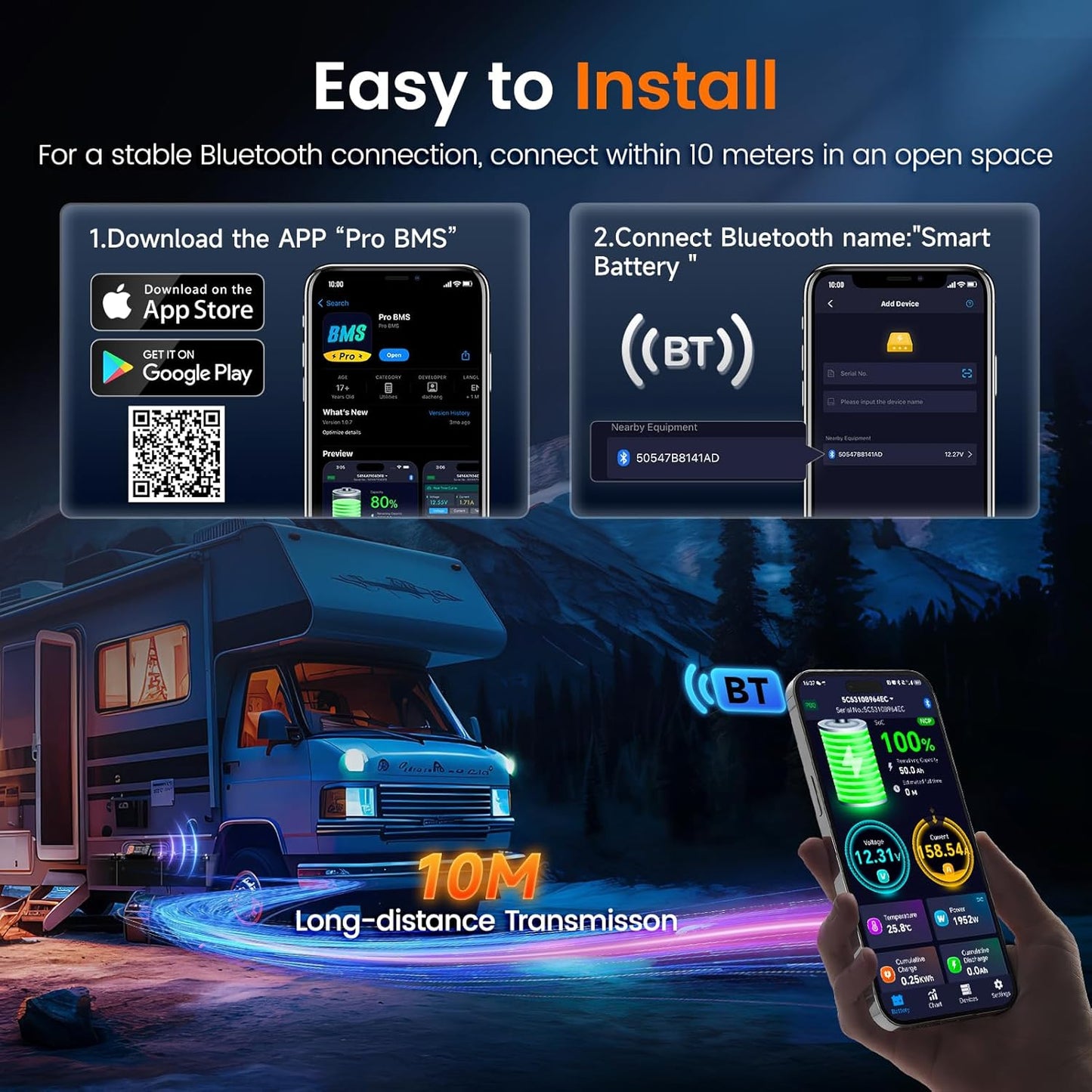 ANCEL BM1000 400A Bluetooth Battery Monitor with Shunt, Wireless Smart Battery Meter for RV, Solar, Marine, Off-Grid Systems, DC 10-120V Voltage, Accurate Current/Ah/SOC Tracking via App