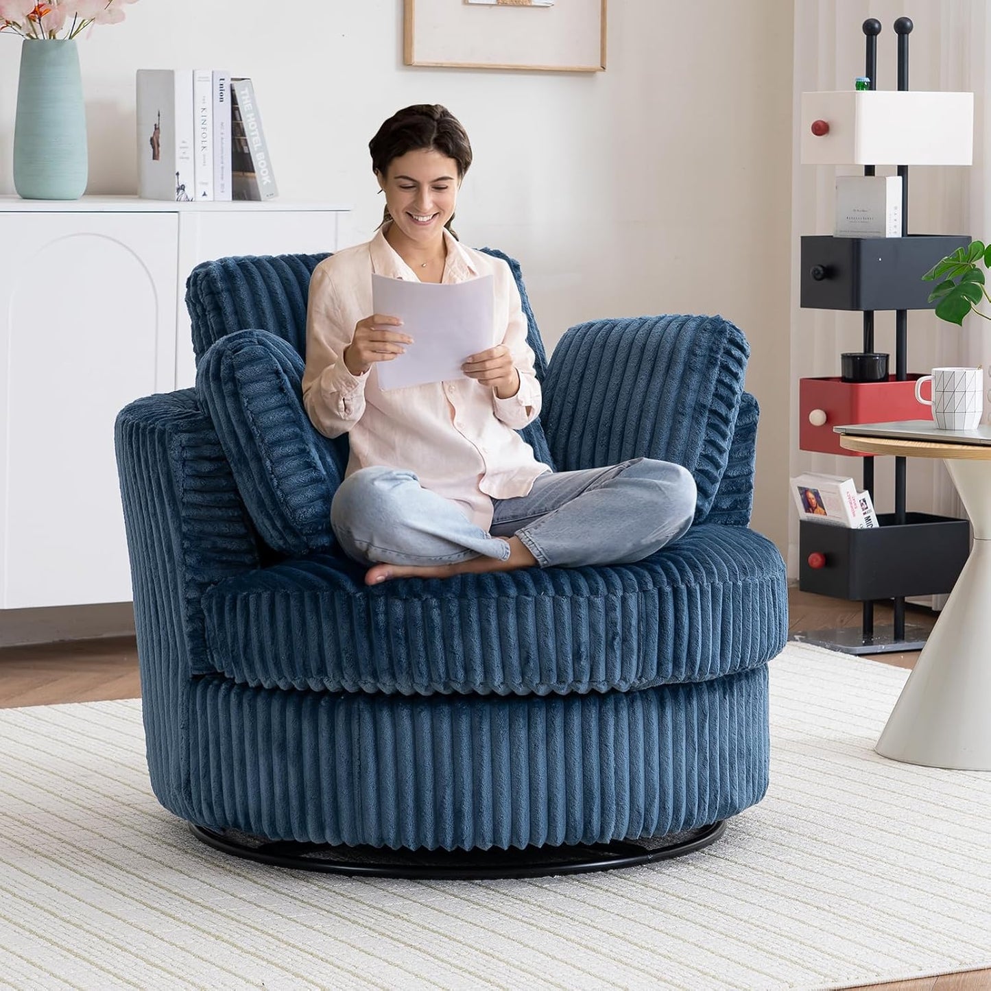 40" W Modern Grey Swivel Barrel Chair with 360° Round Metal Base & Plush Corduroy Pillows & Thick Cushion, Comfy Large Accent Chaise Longue for Living Room, Bedroom Club Reading Armchair (Gray)