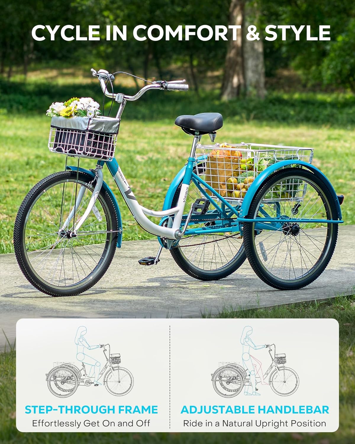 Viribus Adult Tricycle 1 Speed, 3 Wheel Bikes for Adults with Front & Rear Detachable Wheeled Baskets, 26 inch Trike for Seniors Women Men, Three Wheel Bikes 400 lb. Capacity