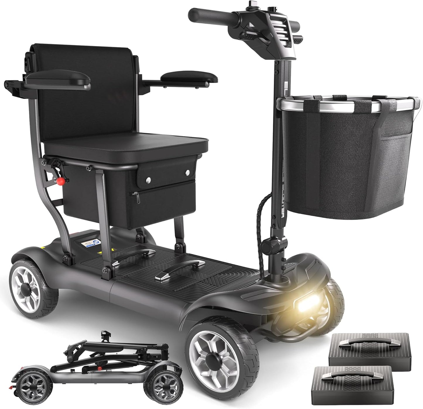 4 Wheel Mobility Scooter for Adults&Seniors - 43lb Lightweight Portable Motorized Scooters 300 lb Capacity, Foldable Travel Mobility Scooters with Removable Battery, Dual Basket, Red