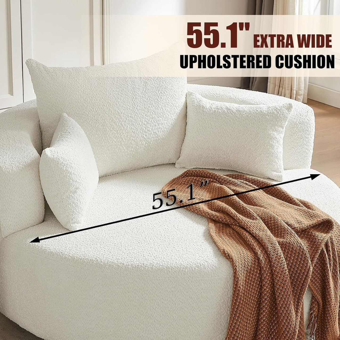 55"W Oversized Round Swivel Accent Barrel Chair,360° Rotating Upholstered Chenille Chaise Lounge Sofa Chair with Wide Armrests&Pillows,Large Modern Comfy Armchair for Living Room,Bedroom,Office(Beige)