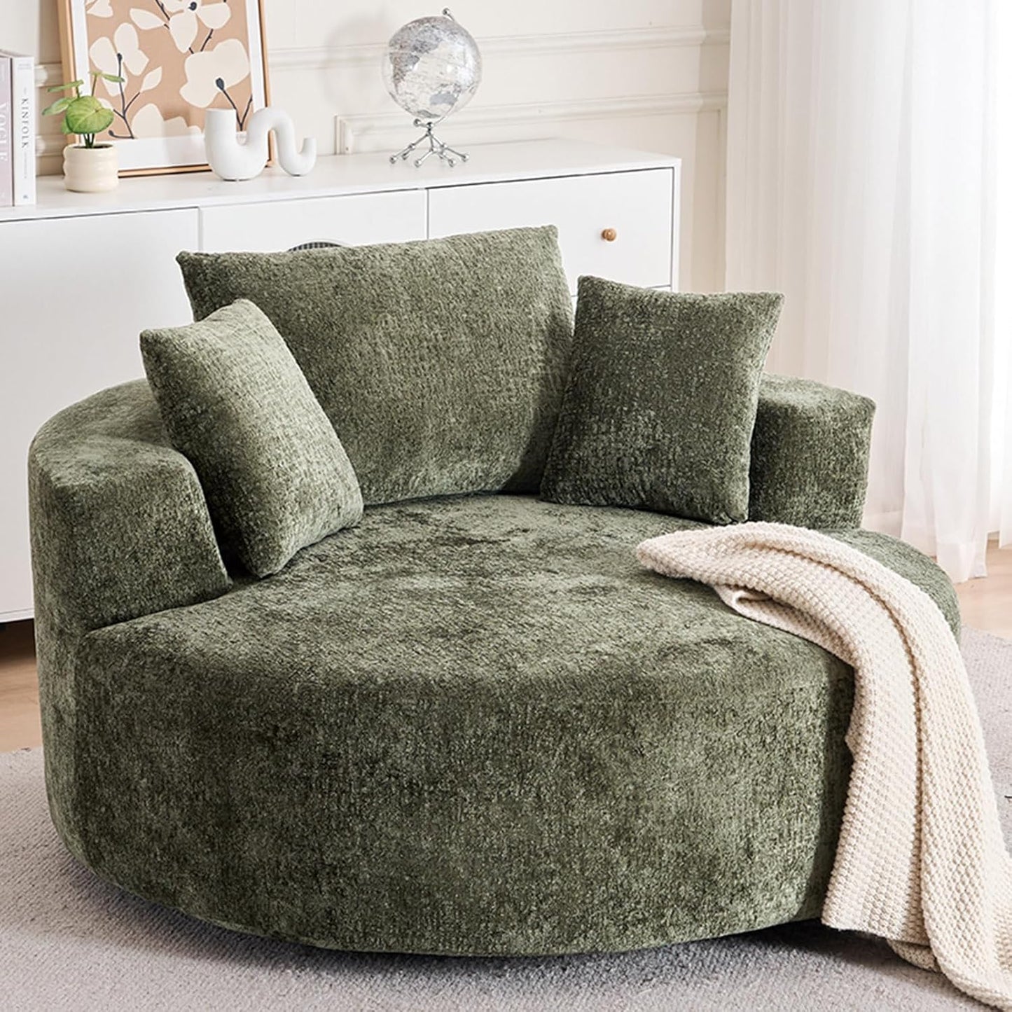 54.33" Oversized Round Chaise Longue Chair Indoor, 360° Swivel Round Upholstered Sofa, Modern Chenille Accent Chair with Pillow for Living Room, Bedroom Apartment,Green