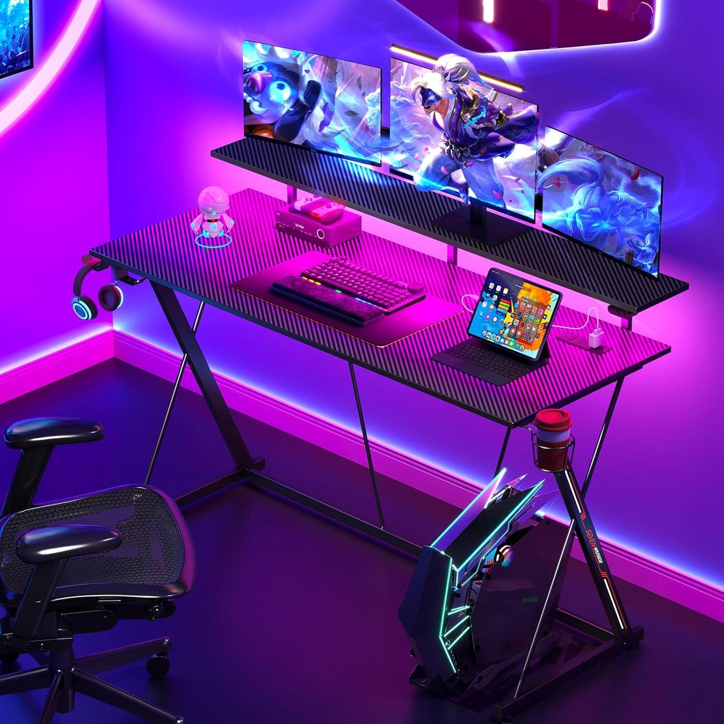 SEVEN WARRIOR Z Shaped Gaming Desk with LED Lights & Power Outlets, 47" Computer Desk with Monitor Shelf, Home Office Desk with Cup Holder and Headphone Hook, Ergonomic, Carbon Fiber Surface Black