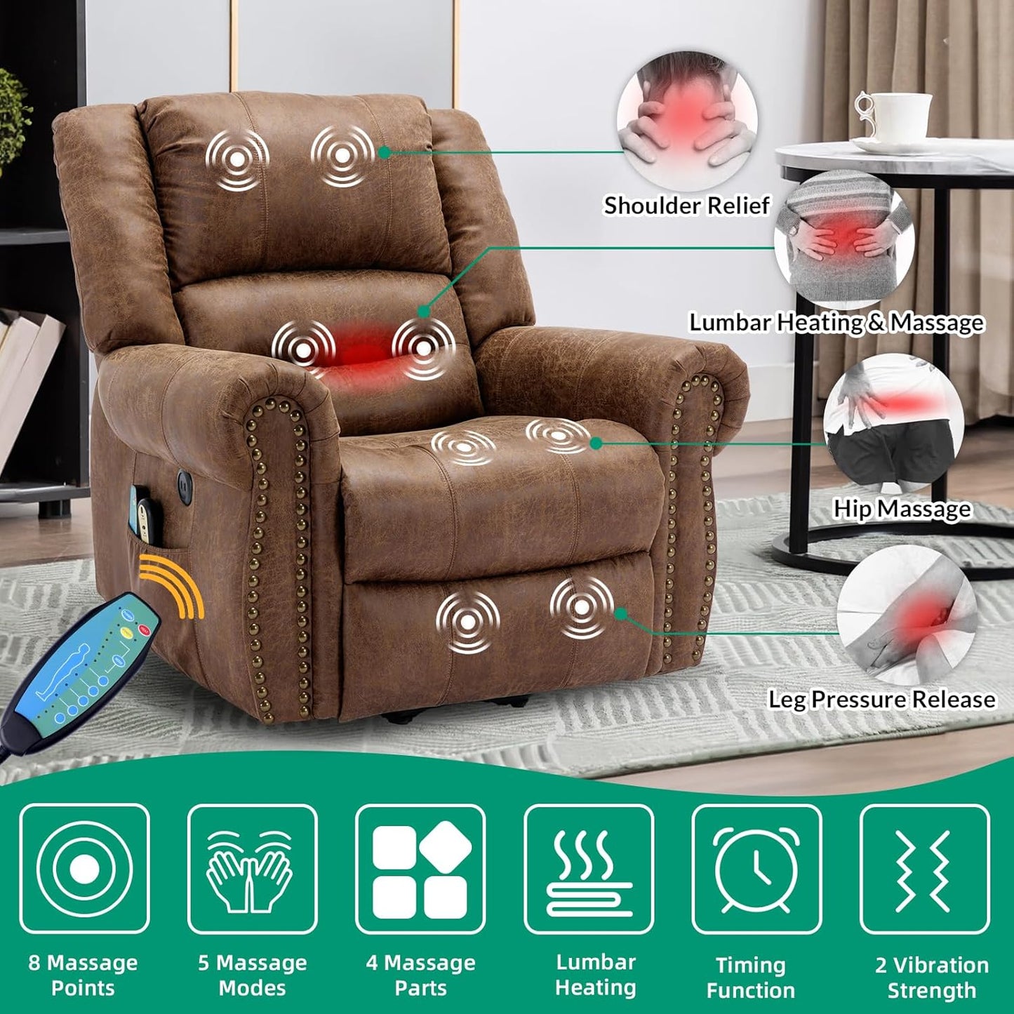 VIVIJASON Electric Power Lift Recliner Chair for Elderly, Heated Vibration Recliners Chair Massage Lounge Single Sofa Living Room Chair with 2 Remote Controls, Side Packets & USB Port, Nut Brown