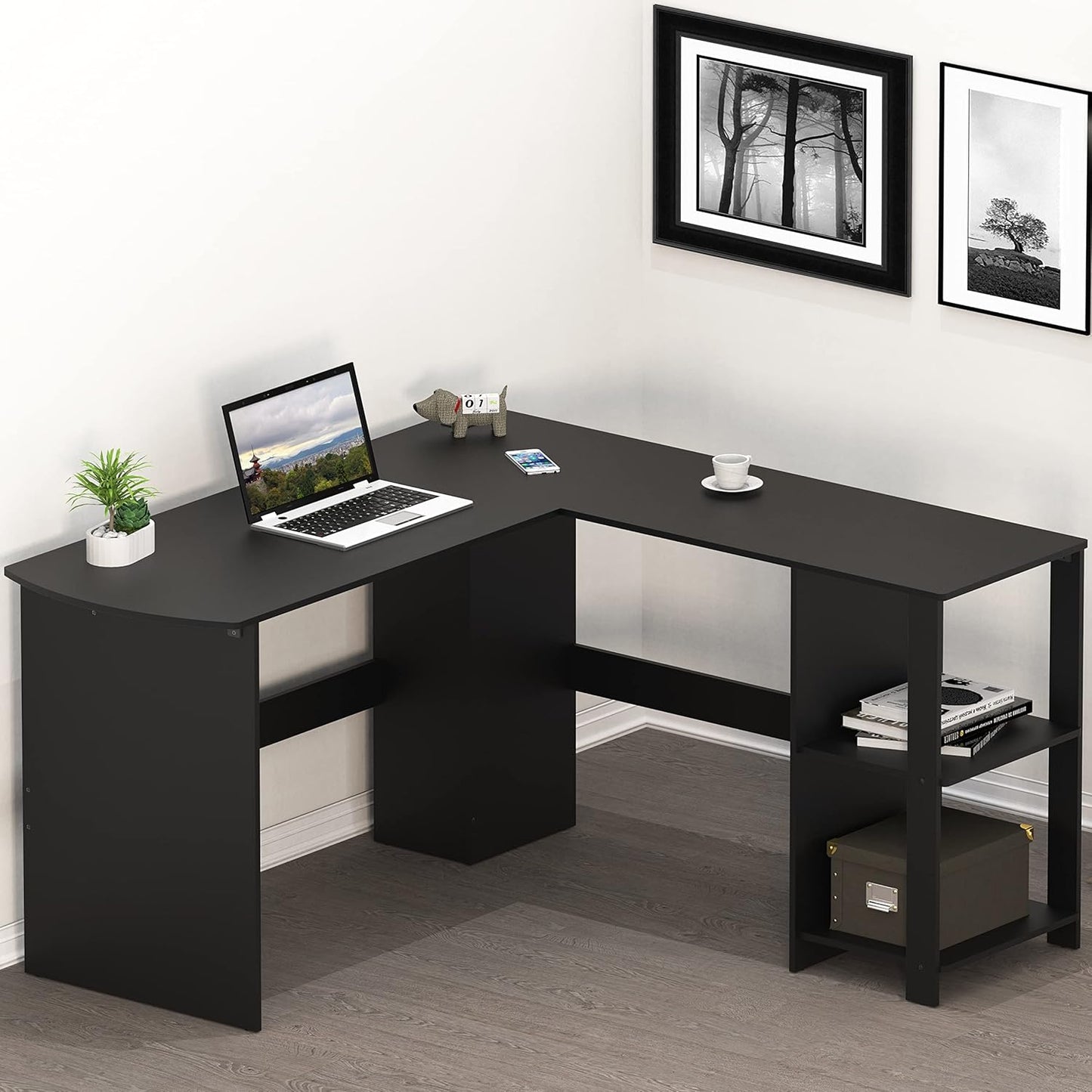 SHW 51 x 51 Inches L-Shaped Home Office Wood Corner Desk wtih Storage, Walnut