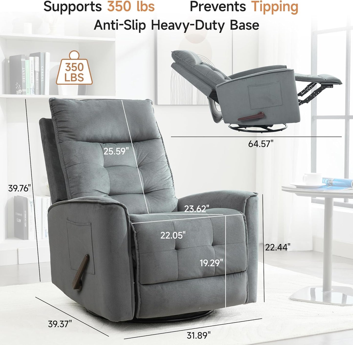 Swivel Rocker Recliner Chair for Adults, Glider Rocking Chair for Nursery, Small Recliner Chair for Small Spaces, RV, Living Room(Grey)