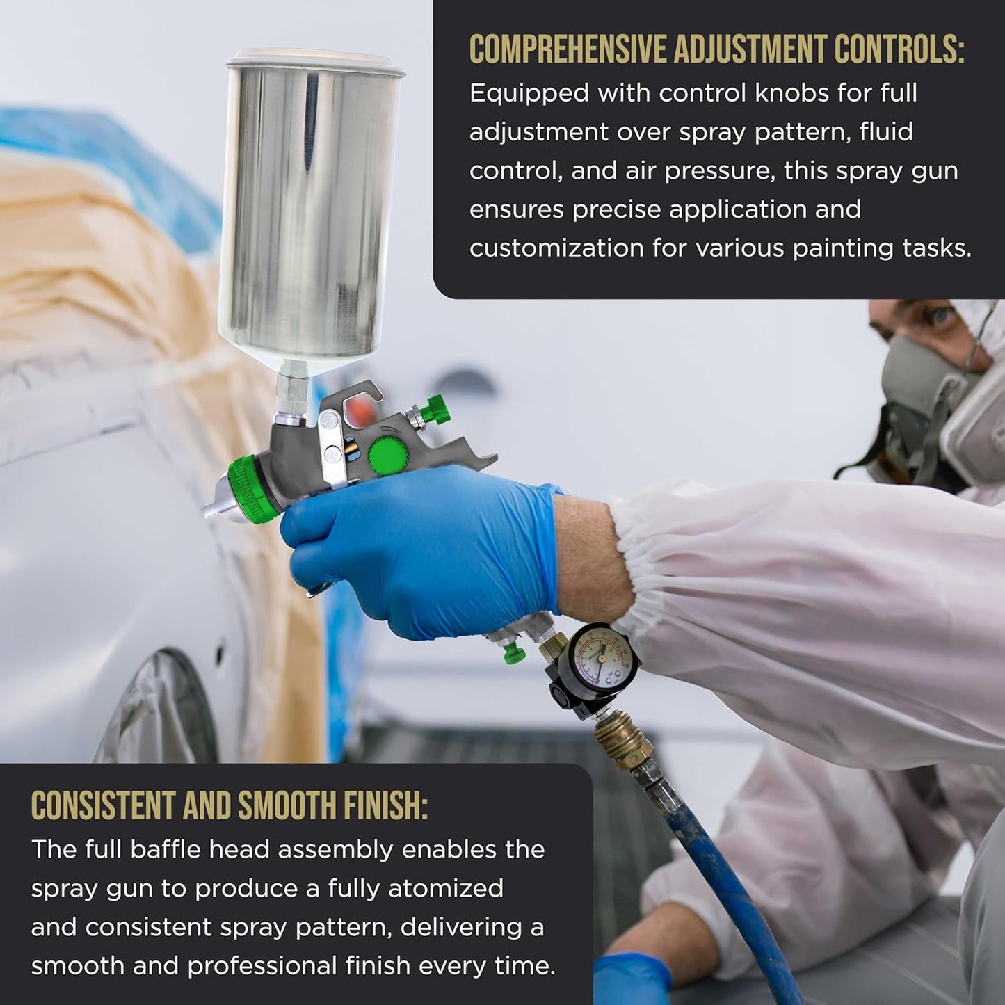 TCP Global Professional HVLP Spray Gun 2.5mm - Gravity Feed Auto Paint Gun Kit for Basecoat, Clearcoat, Primer - Spray Guns Paint Sprayer with Air Compressor Regulator (G6600-13)
