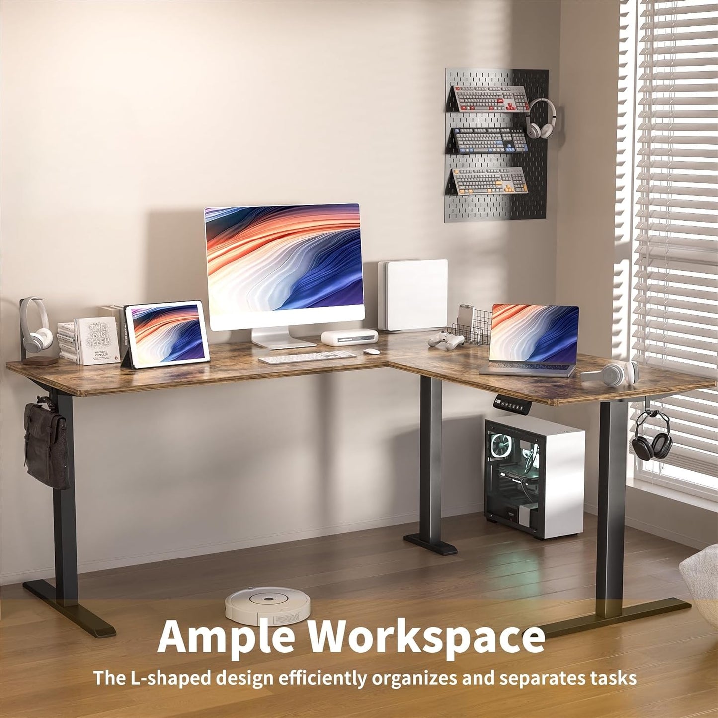 TIQLAB 63 x 55 inch L Shaped Standing Desk Adjustable Height, Electric Corner Standing Desk, Sit Stand Computer Table with Splice Board, Rustic Brown