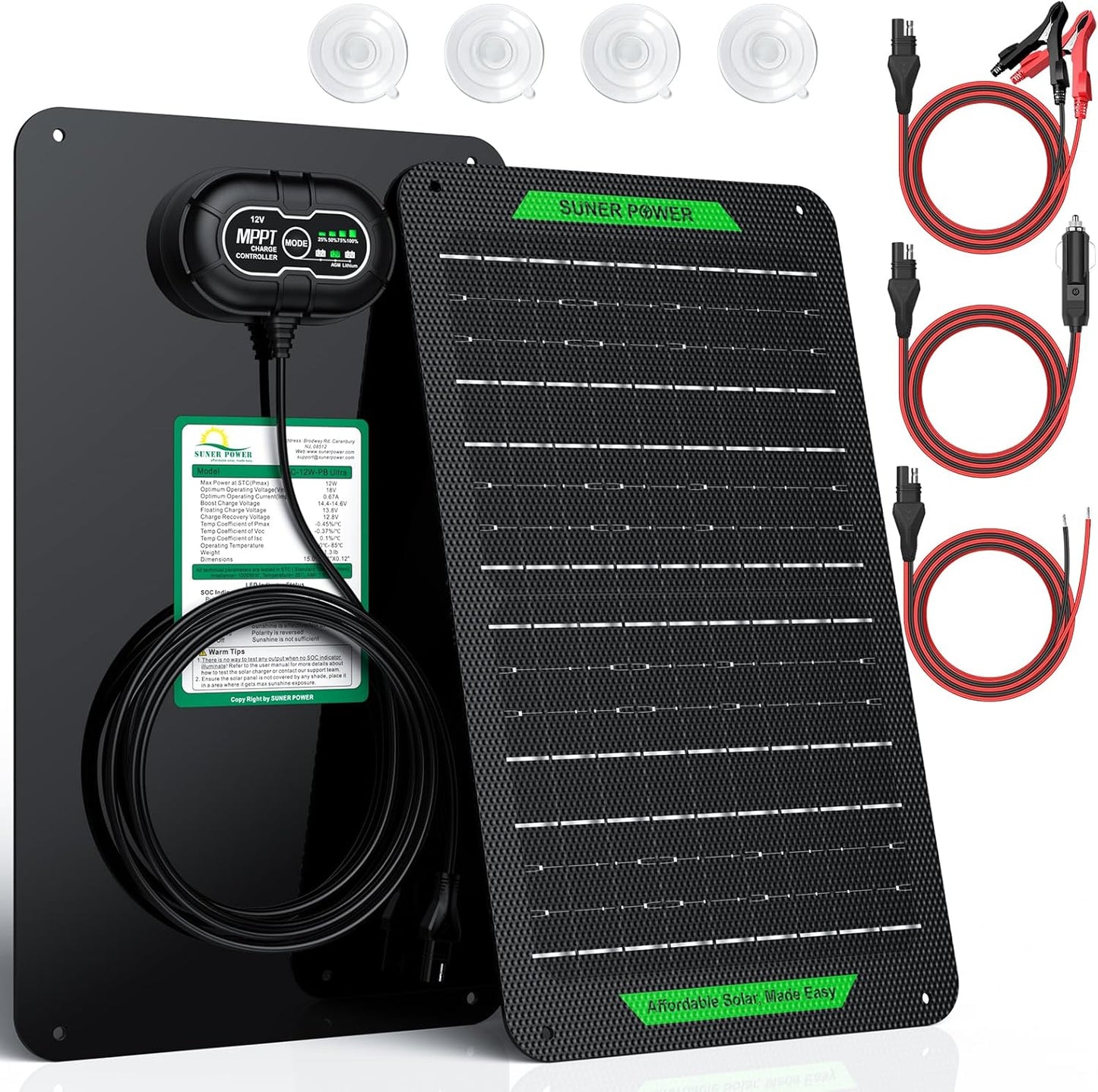 SUNER POWER Waterproof 30W 12V Solar Battery Charger & Maintainer PRO, Built-in UltraSmart MPPT Charge Controller, 12 Volt Solar Panel Trickle Charging Kits for Car Automotive Boat Marine RV Trailer
