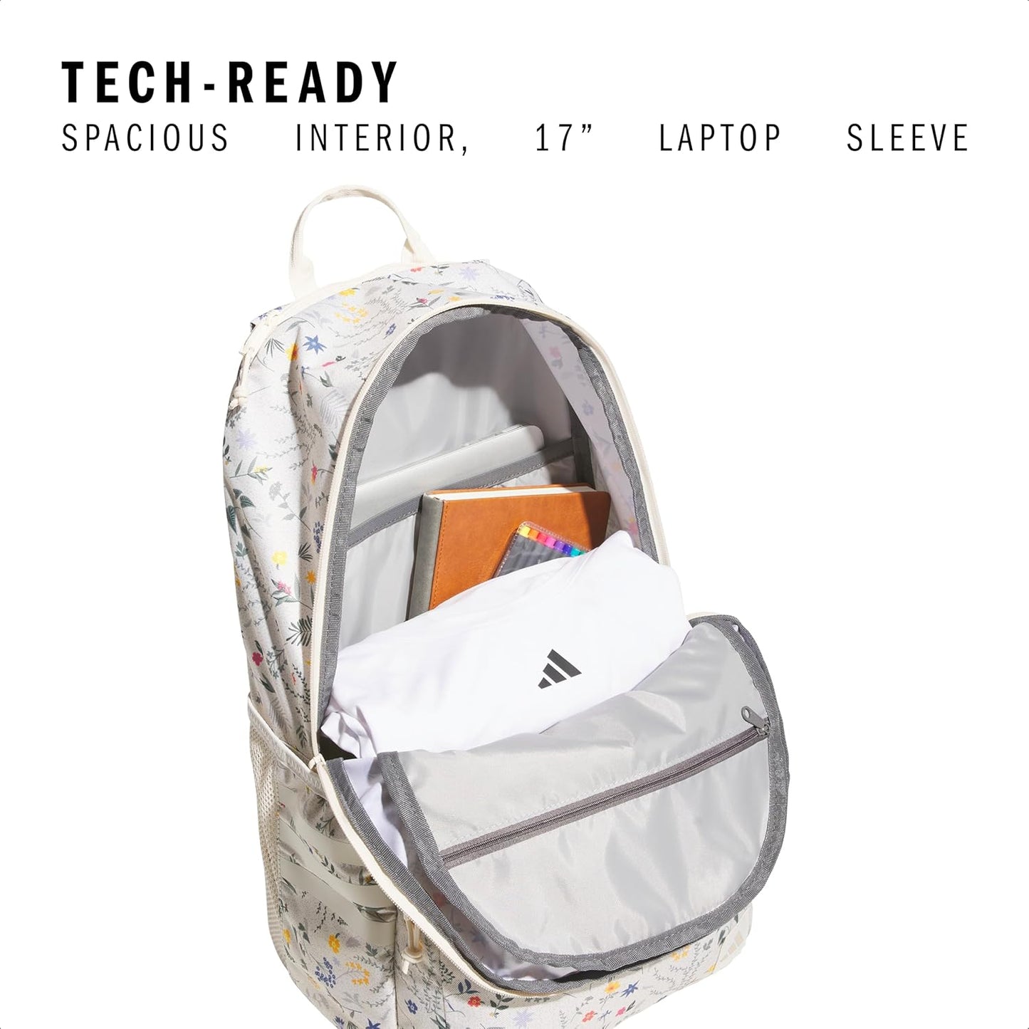 adidas 3-Stripe Classic Backpack for Men and Women, Bag with Laptop Sleeve, Woodland Floral Chalk White/Wonder Orchid Purple/5.0, One Size