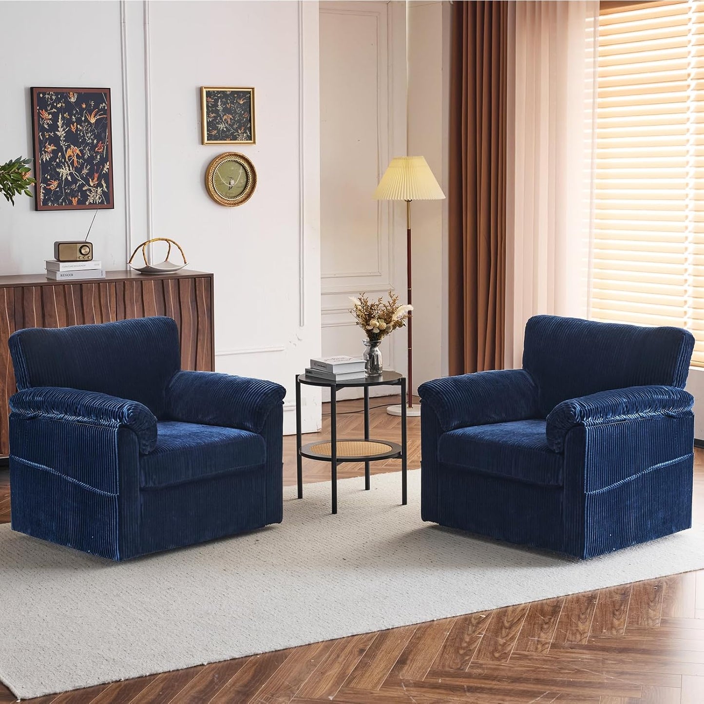 Accent Chair Set of 2, White Corduroy | Compact 360° Swivel for Small Spaces, Plush Deep-Cushioned Reading Chair