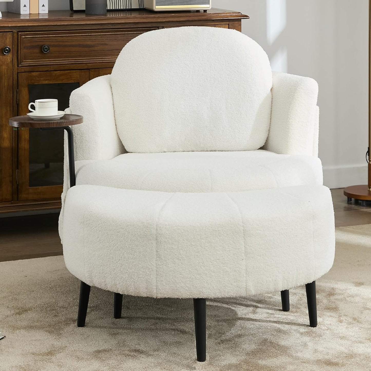 42.5" Lamb Velvet Sleeper Chair with Ottoman & Armrests, Upholstered Chaise Lounge Recliner with Side Table & Footstool, Removable Headrest, Single Reading Sofa Chair for Bedroom (White)