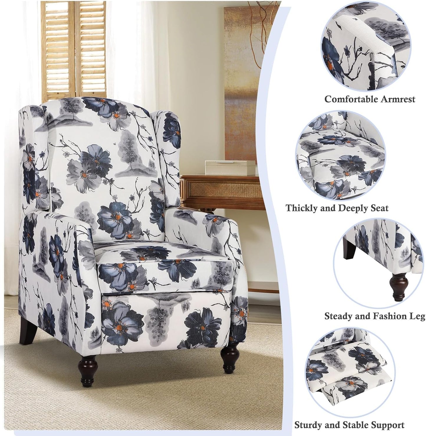 Wingback Recliner Chair - Tufted Arm Chair Recliner - Fabric Push Back Single Sofa for Living Room Adjustable Backrest (Pair, Blue Floral)