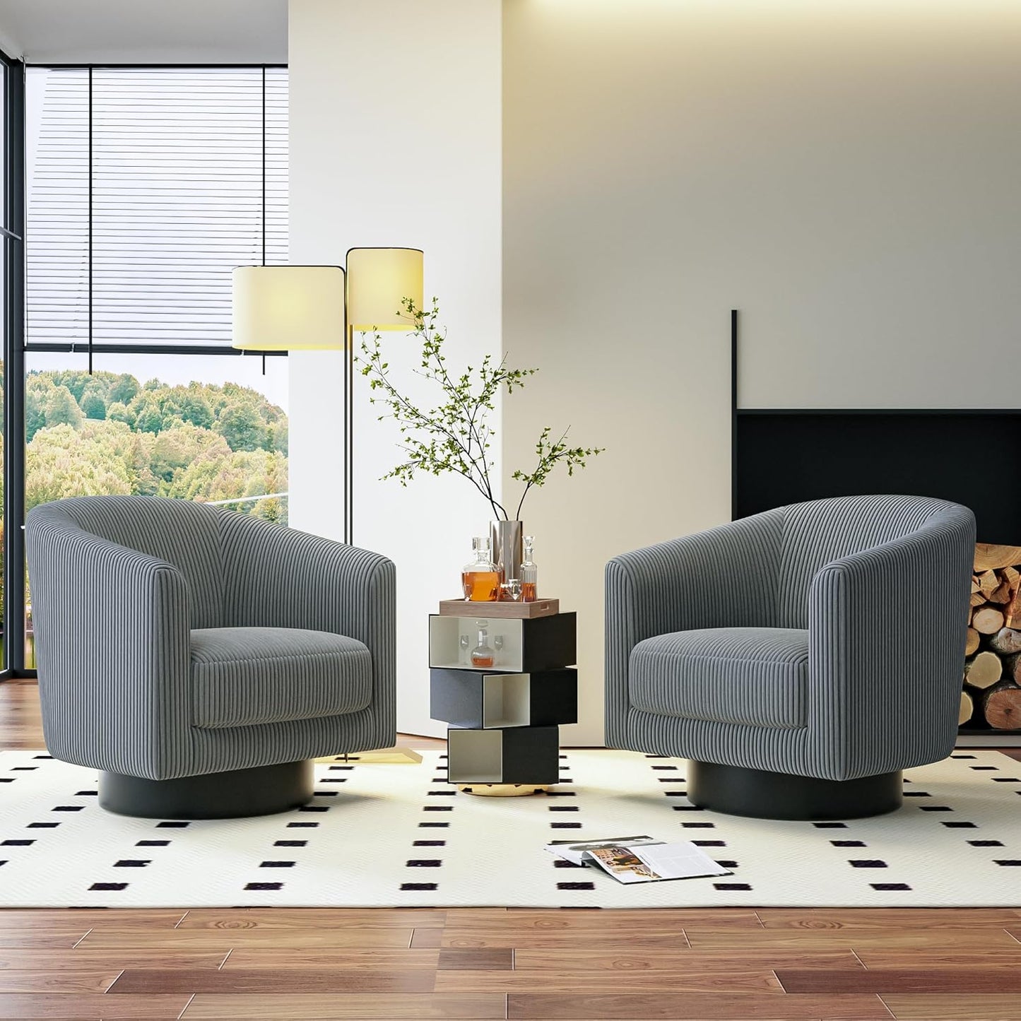 Swivel Accent Chairs Set of 2, 360° Bucket Chair, Modern Upholstered Barrel Armchair, Comfy Corduroy Single Sofa for Living Room Bedroom. Forest Green