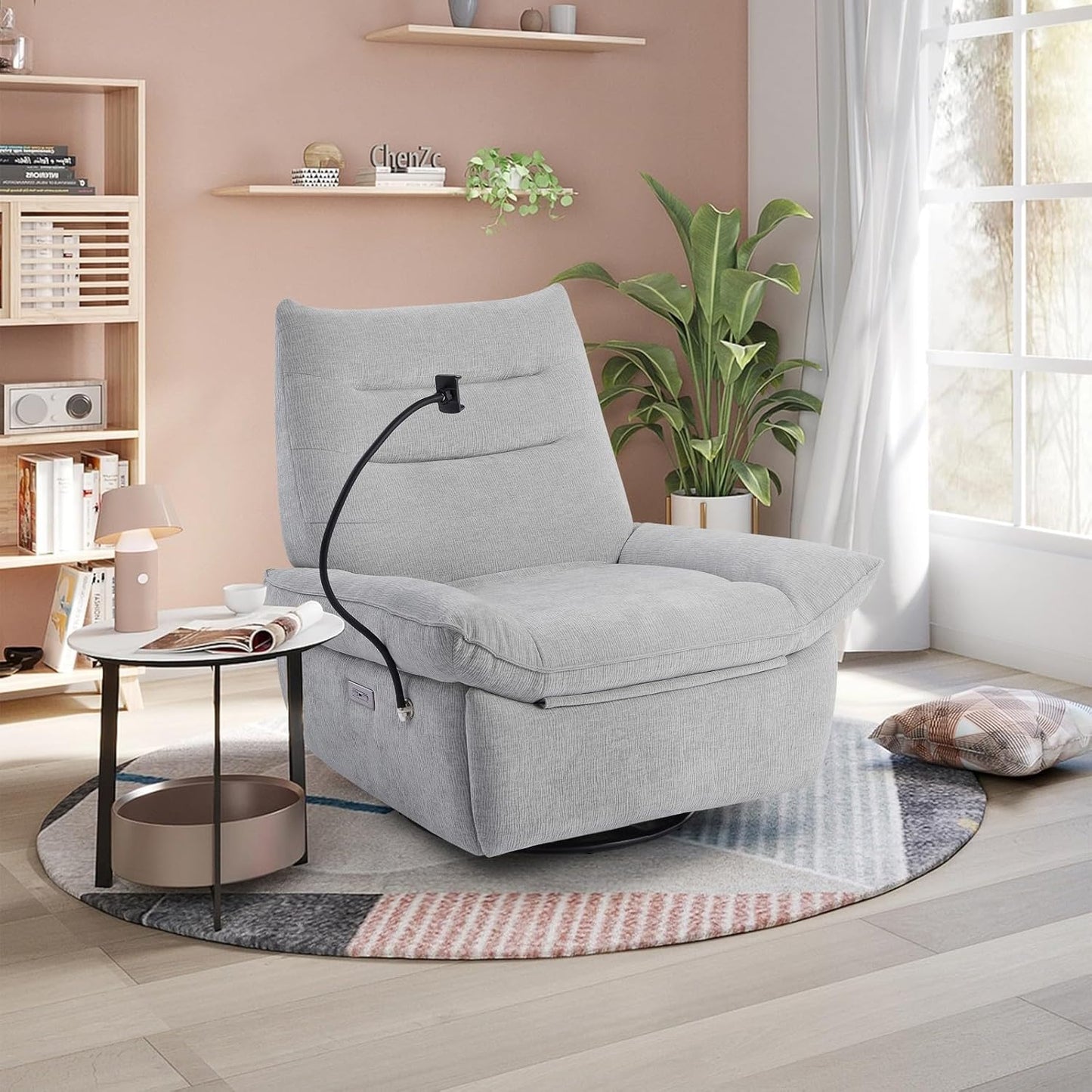 Accent Chairs 360° Recliner Chair Swivel Rocker Chair for Adults, Nursery Swivel Chairs for Living Room, High Back Upholstered Deep Seat Lazy Boy Recliner Chairs (Polyester Fabric- Dark Gray-1PCS)