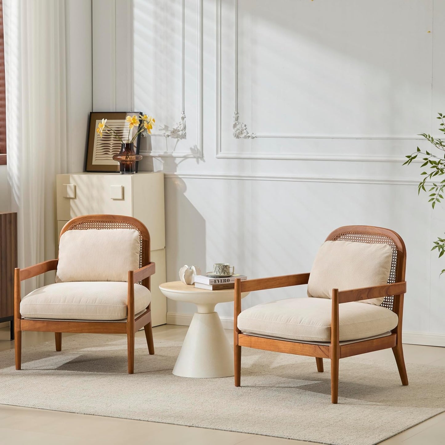 Accent Chairs Set of 2, Mid-Century Modern Accent Chair with Solid Wood Frame and Rattan Backrest, Comfy Armchairs for Living Room, Bedroom, Balcony (Grayish Green+Walnut)