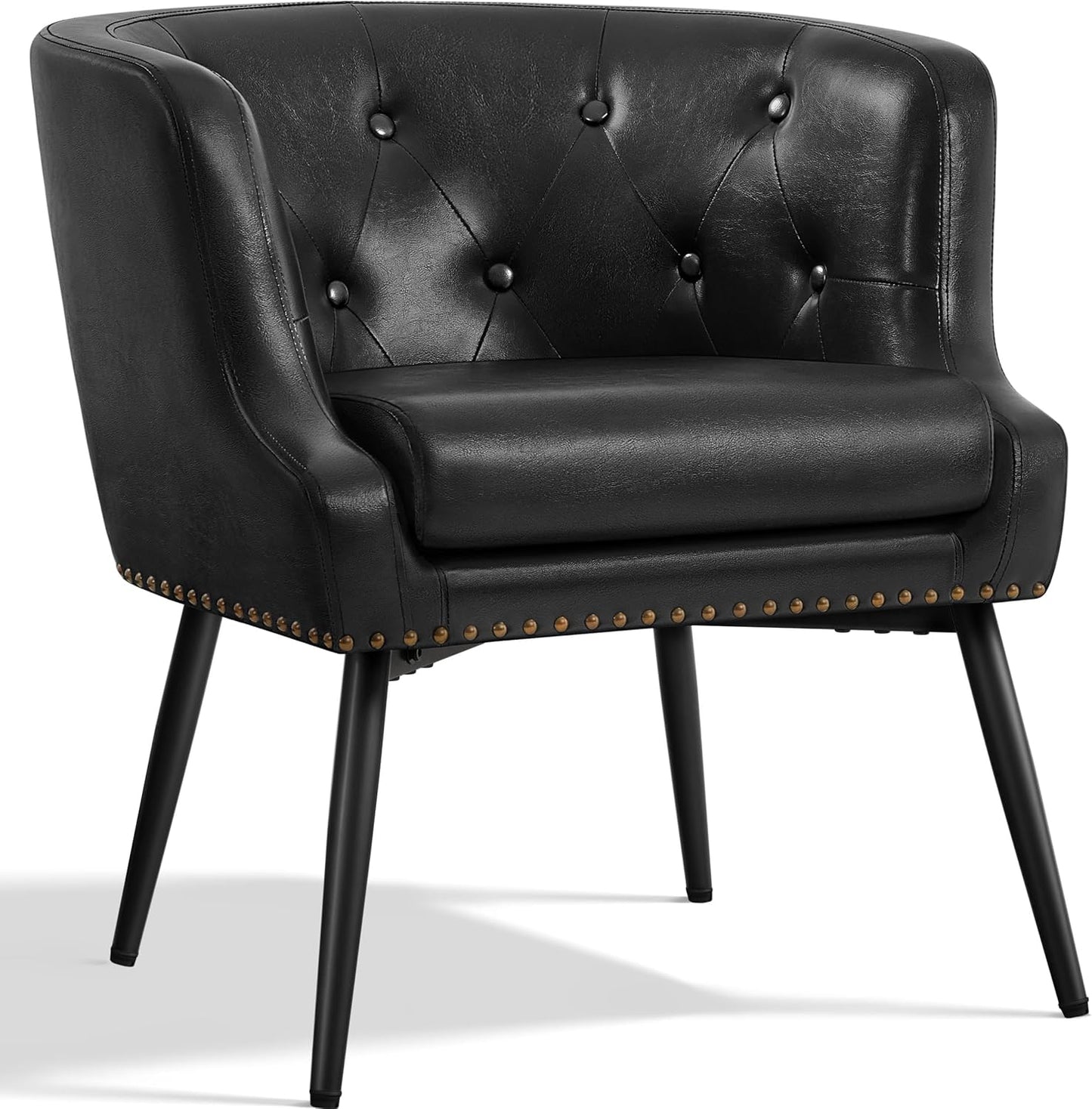 Topeakmart Mid-Century Modern Faux Leather Barrel Chair, Button Tufted Accent Armchair with Metal Leg, Recessed Armrest and Loose Seat Cushion for Living Room Bedroom, Black, 2pcs