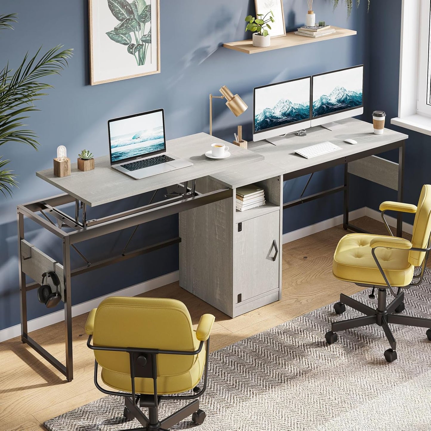 Bestier L Shaped Standing Desk Adjustable Height, 60" Corner Computer Desk with Storage File Cabinet, 95.2" Long and Large Reversible Office Desk with Lift Top, Washed White