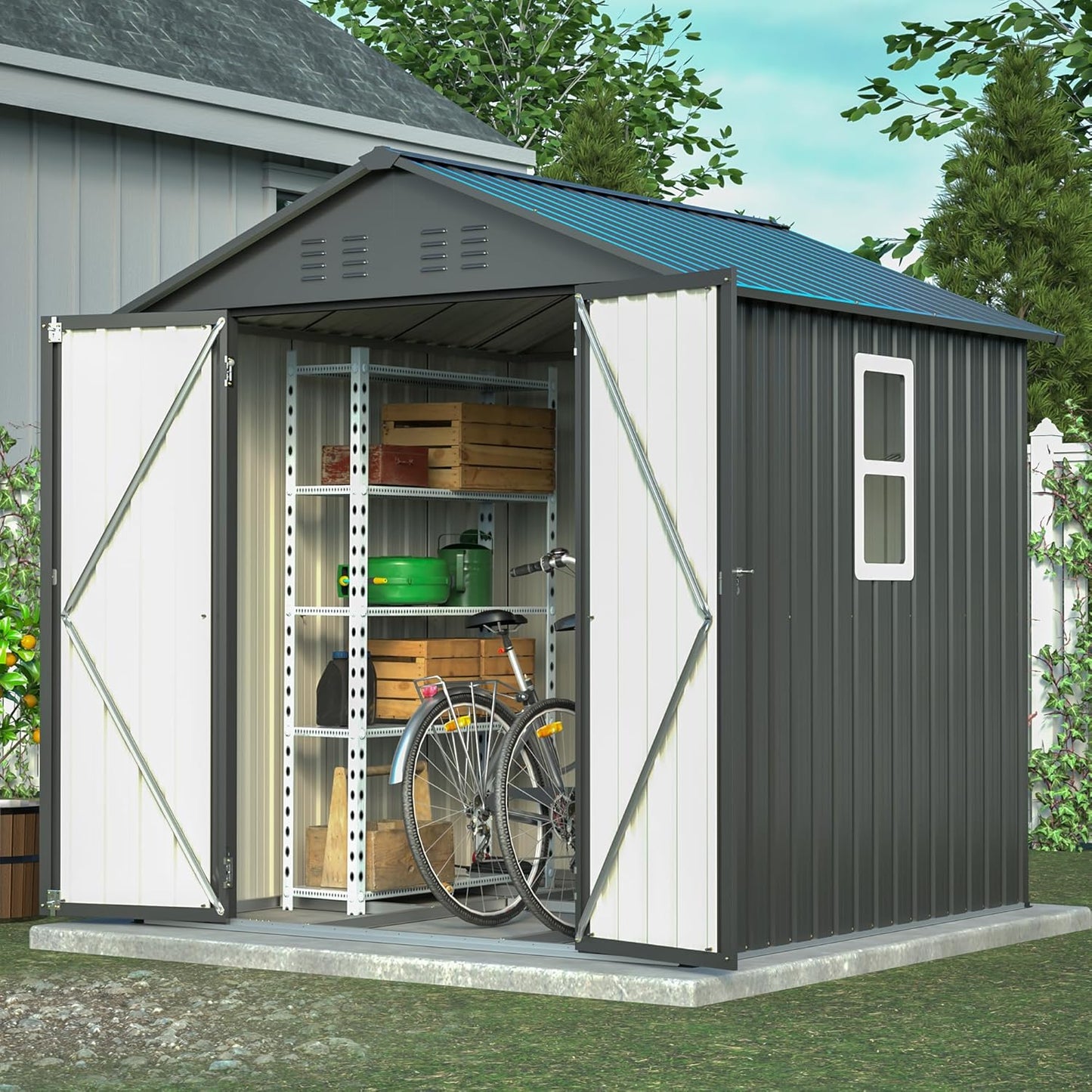 4'x8' Metal Shed Outdoor Storage Shed,Metal Steel Utility Tool Shed Storage House with Double Lockable Doors and Air Vent for Backyard Garden Patio Lawn Gray