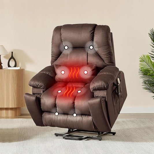 Bestier Dual Motor Power Lift Recliner Chair for Elderly, Oversized Recliner Sofa with Massage and Heat, Extra Wide Lift Chair with Cup Holders & Side Pockets for Living Room Bedroom (Brown)