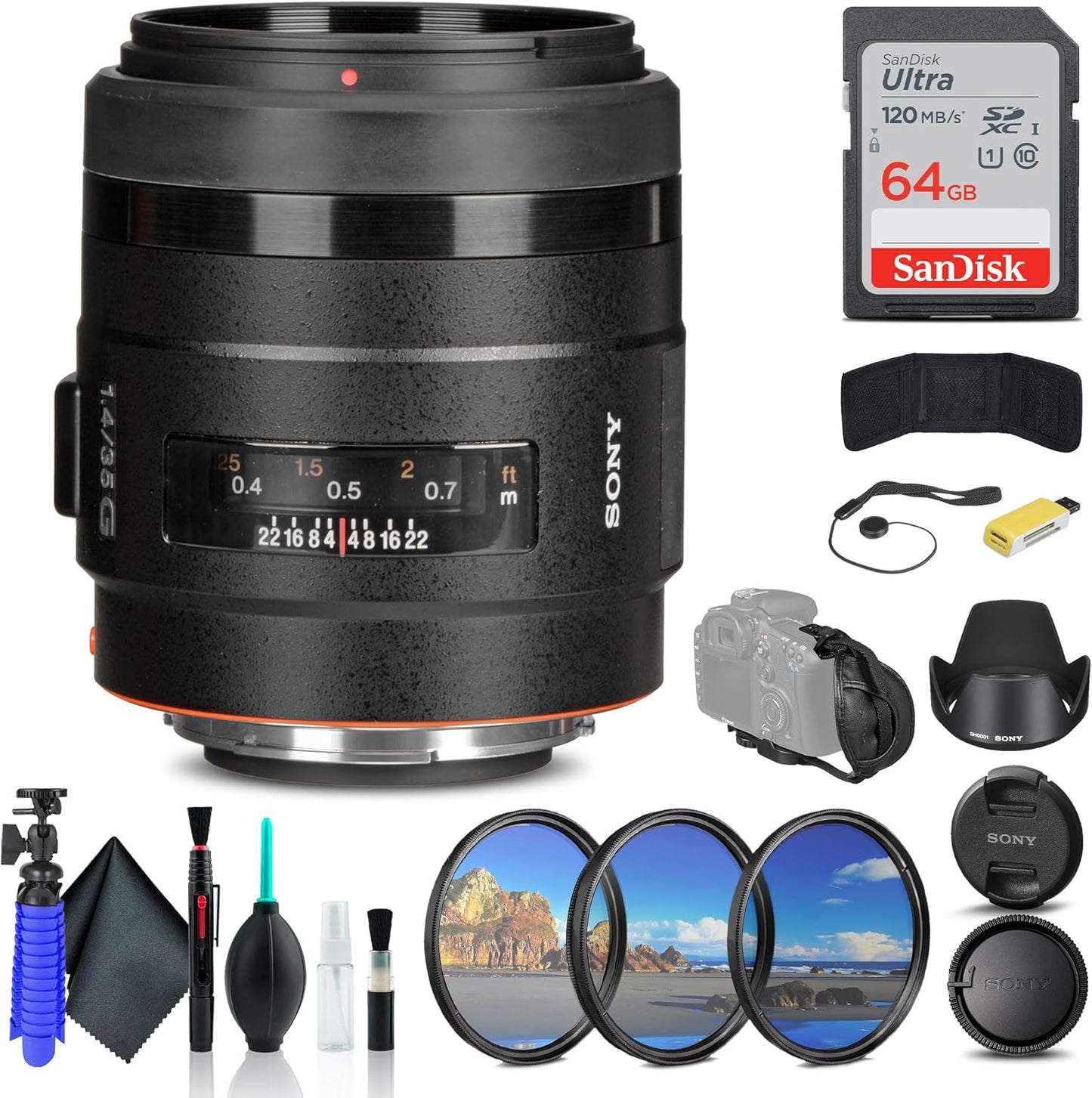 Sony 35mm f/1.4 G Lens SAL35F14G, Filter Kit, Backpack, 64GB Card, Card Reader, Flex Tripod, Memory Card Wallet, Cap Keeper, Cleaning Kit, Hand Strap, and More