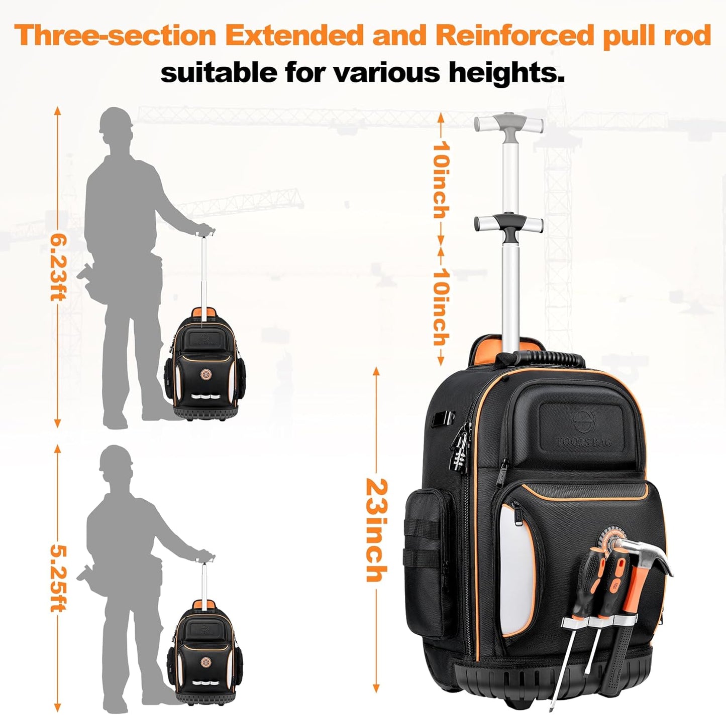 Backpack Tool Bag with Wheel, Rolling Tool Backpack for Electrician Heavy Duty Roller Tool Bag on Wheel for Construction Work, 75 Pockets & Loops Tool Backpack with Molded Base and Combination Lock