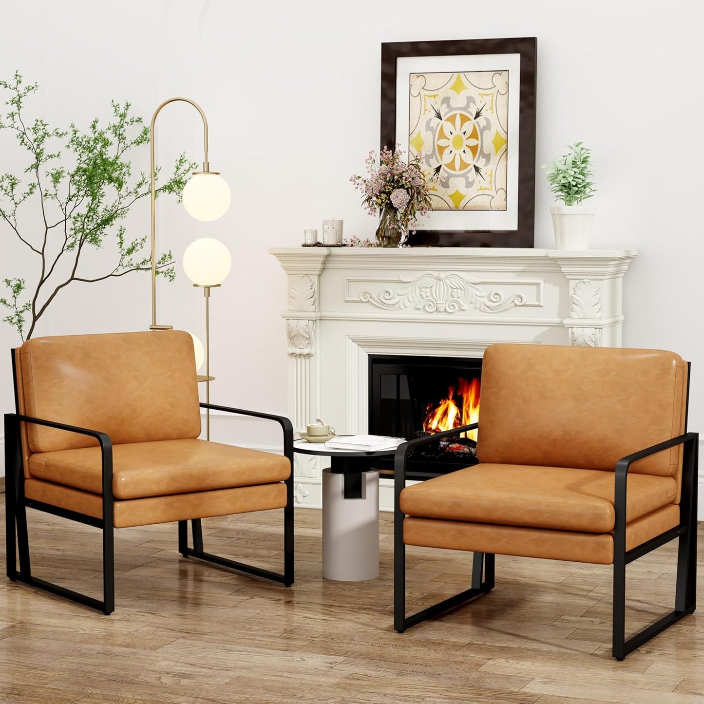 Andeworld Modern Accent Chair Set of 2, Mid Century Living Room Armchair,Upholstered Linen Sofa Side Chair with Metal Legs for Reading,Lounging,Bedroom Apartment, Light Grey 2