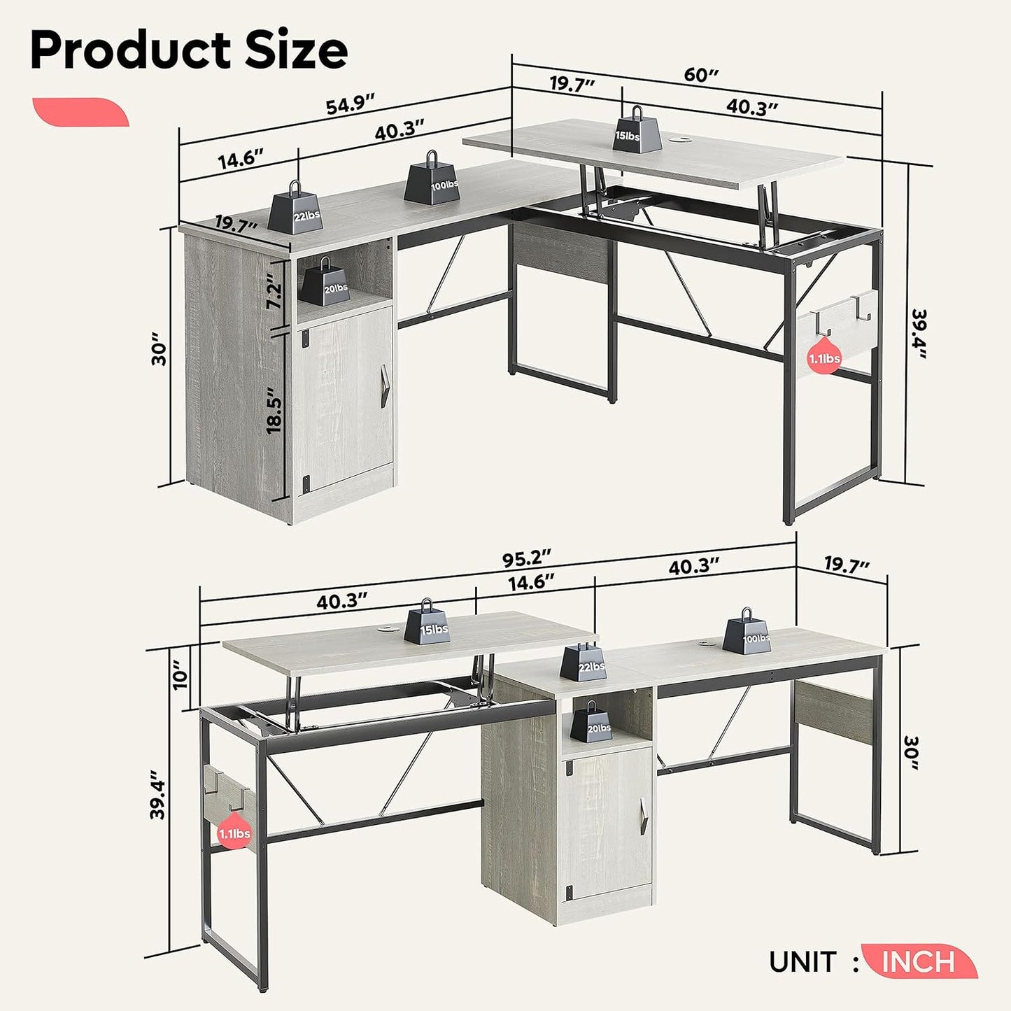 Bestier L Shaped Standing Desk Adjustable Height, 60" Corner Computer Desk with Storage File Cabinet, 95.2" Long and Large Reversible Office Desk with Lift Top, Washed White
