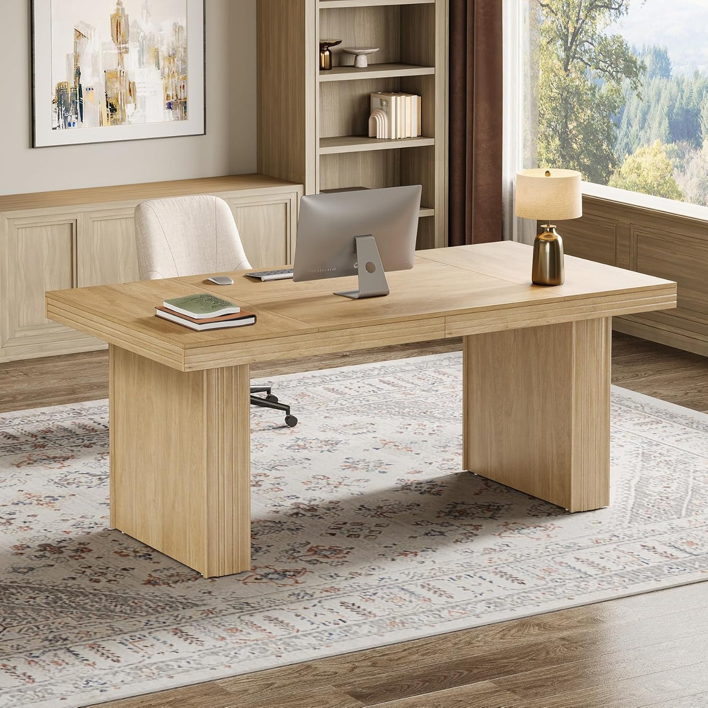 Tribesigns 63" Executive Desk, Large Office Computer Desk with Heavy-Duty Legs and Thickened Desktop, Elegant Writing Workstation Study Table Conference Table for Office, Natural