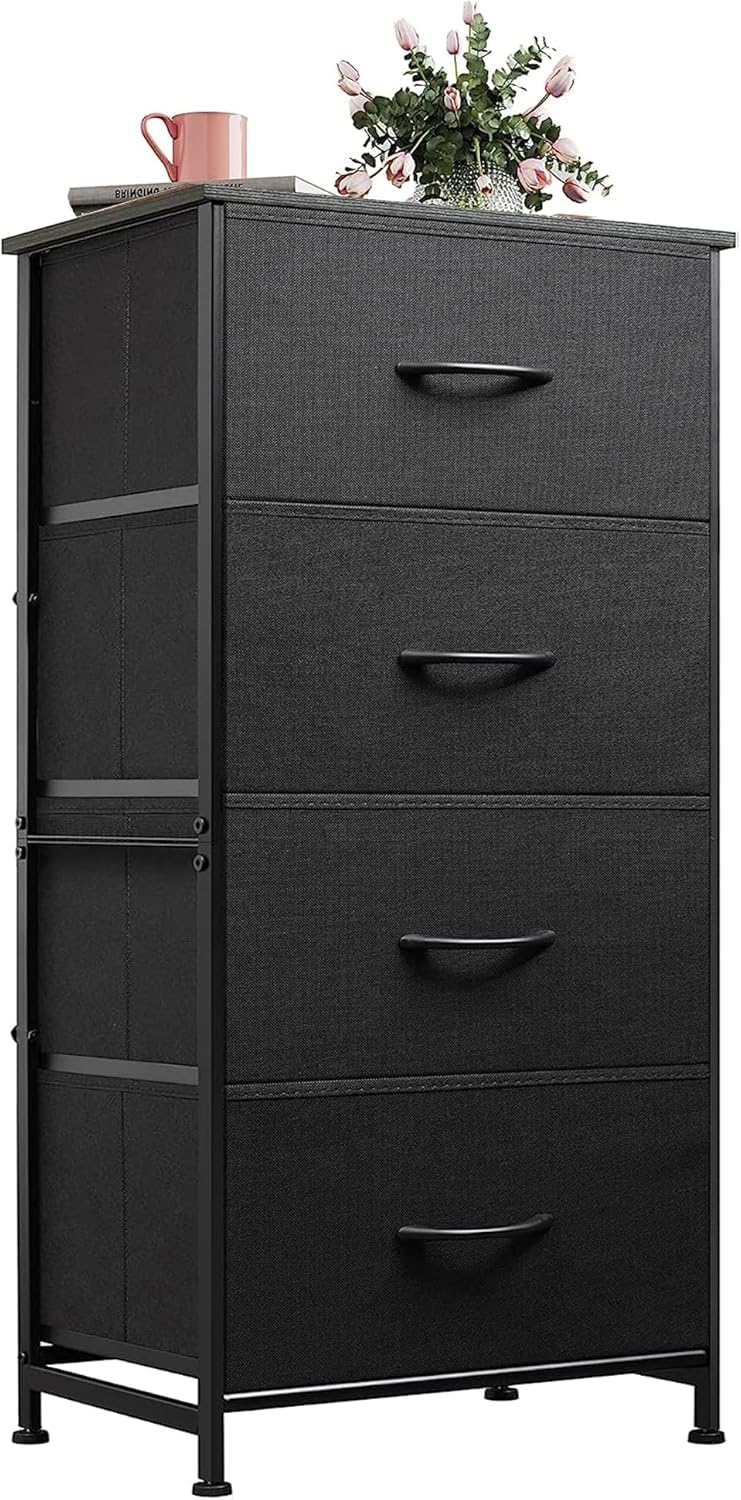 WLIVE Dresser with 4 Drawers, Fabric Storage Tower, Organizer Unit for Bedroom, Hallway, Entryway, Closets, Sturdy Steel Frame, Wood Top, Easy Pull Handle, Rustic Brown Wood Grain Print