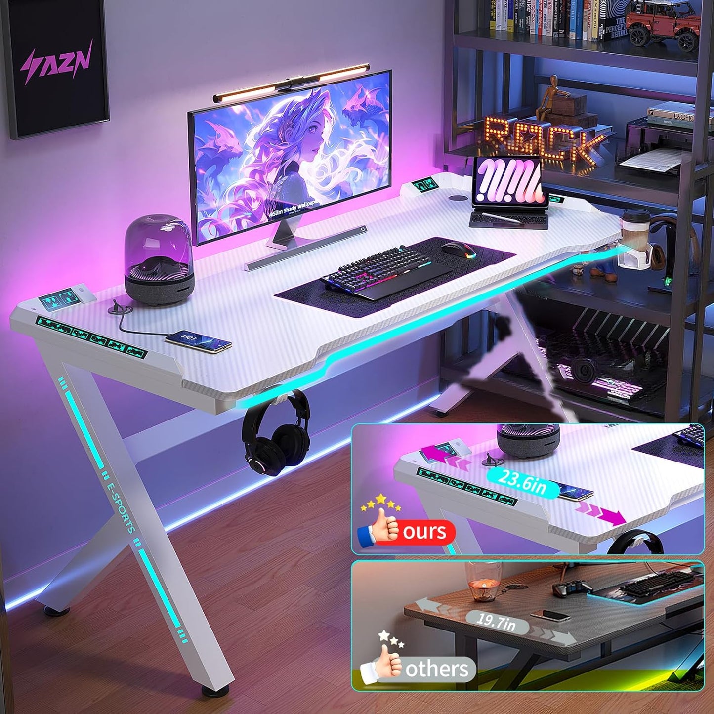 AZN Gaming Desk, 55'' Computer Desk, Gaming Desk w/LED Lights & Carbon Fiber Desktop, Home Office Desks w/Ergonomic Design, Computer Desks w/Cup Holder, Headphone Holder, Cable Organizer