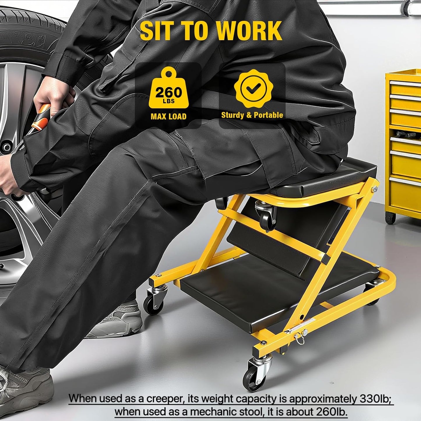 YELLOW JACKET Garage Creeper Seat, 2-in-1 Creepers Automotive, Mechanic Creeper, Foldable Z Garage Creeper with 6 PCS Wheels, Rolling Creeper Garage Seat Lay Down or Sit for Shop, Auto Repair