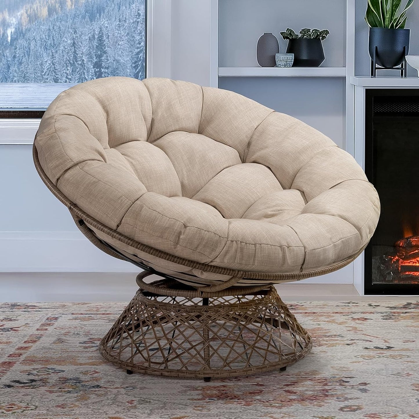 Bme 40" Ergonomic Wicker Papasan Chair with Soft Thick Density Fabric Cushion, High Capacity Steel Frame, 360 Degree Swivel for Living, Bedroom, Reading Room, Lounge, Silver Cloud - Black Base