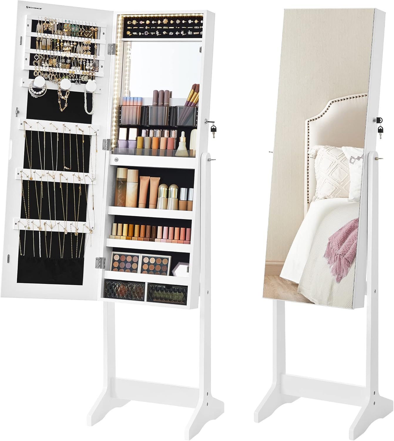 SONGMICS Mirror Jewelry Cabinet Standing Armoire Organizer, Jewelry Storage with Full-Length Frameless LED Lights, Built-in Makeup Mirror, 2 Drawers, Lockable, White UJJC023W01